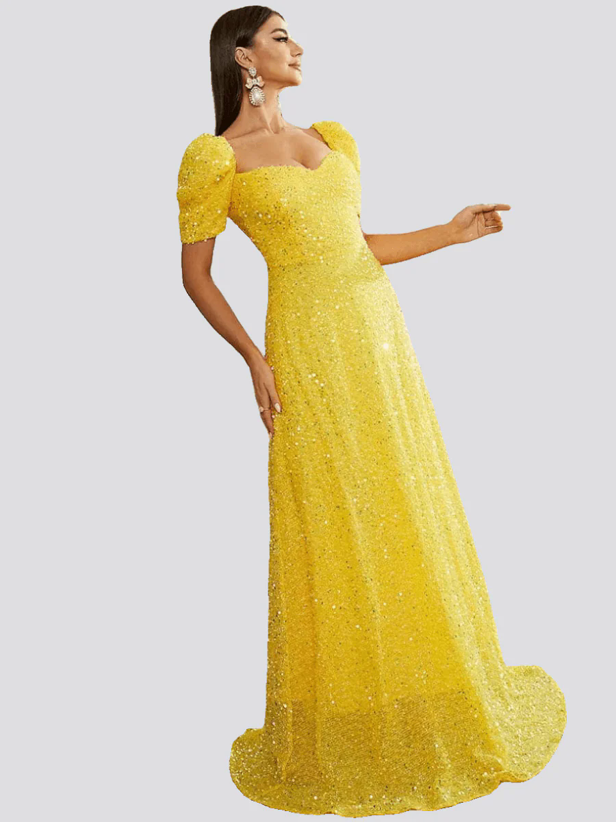 Light Yellow Puff Sleeve Sequin Maxi Dress XJ1509