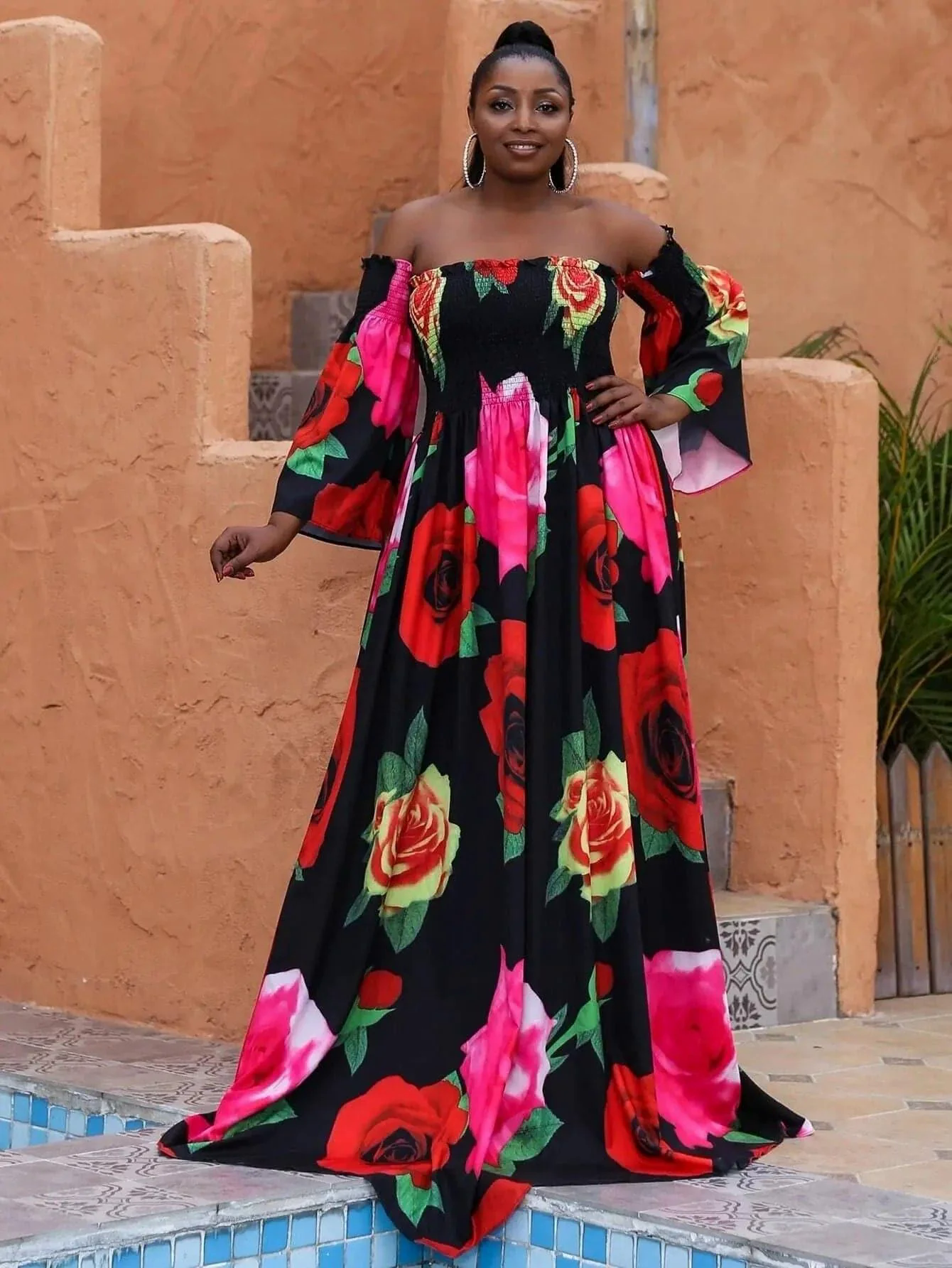 Missord Plus Floral Print Shirred Bardot Dress P0121