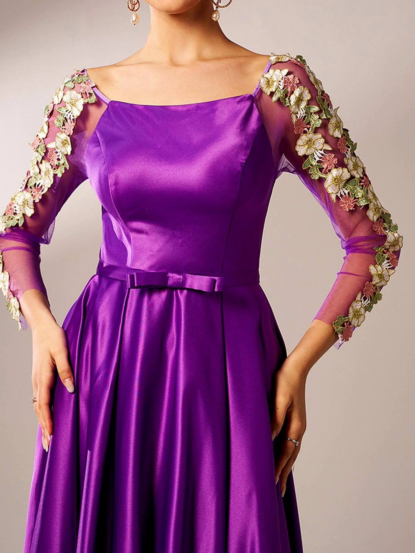 Embroidered Long Sleeve Purple A-line Evening Dress GM90144