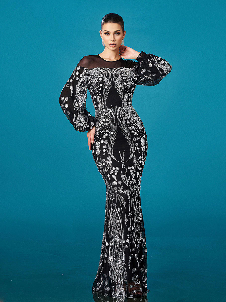 Ballon Sleeve Floral Sequin Mermaid Formal Dress GM00647