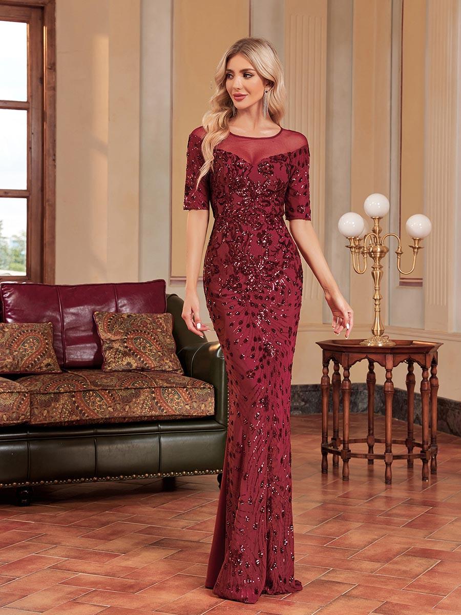 Burgundy Short Sleeve Embroidered Prom Dress MCC1233