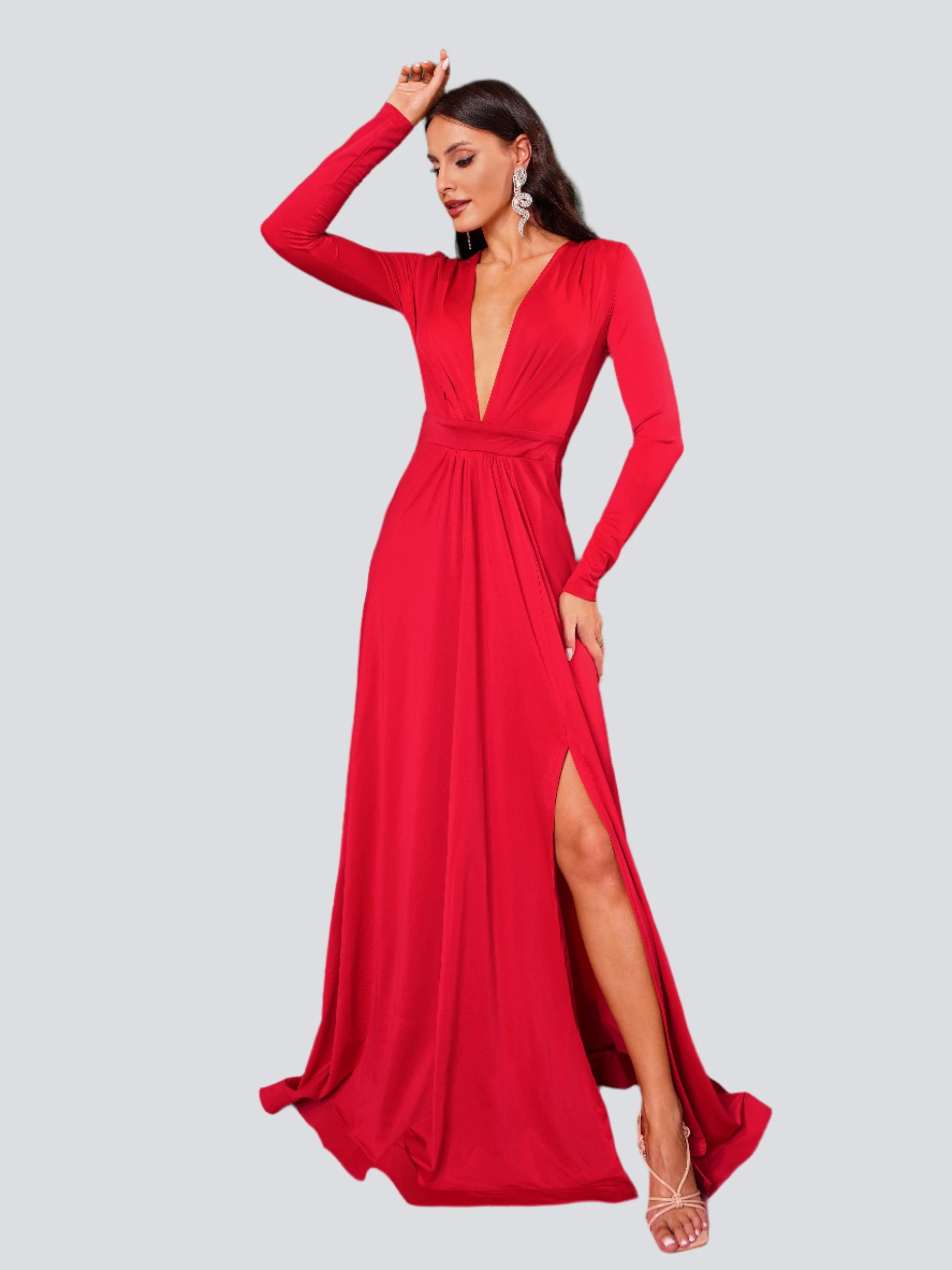 V-neck Long Sleeve Split Maxi Dress XH1221