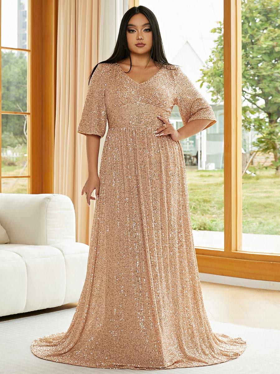 Plus V Neck Sequin Apricot Evening Dress PXJ2647