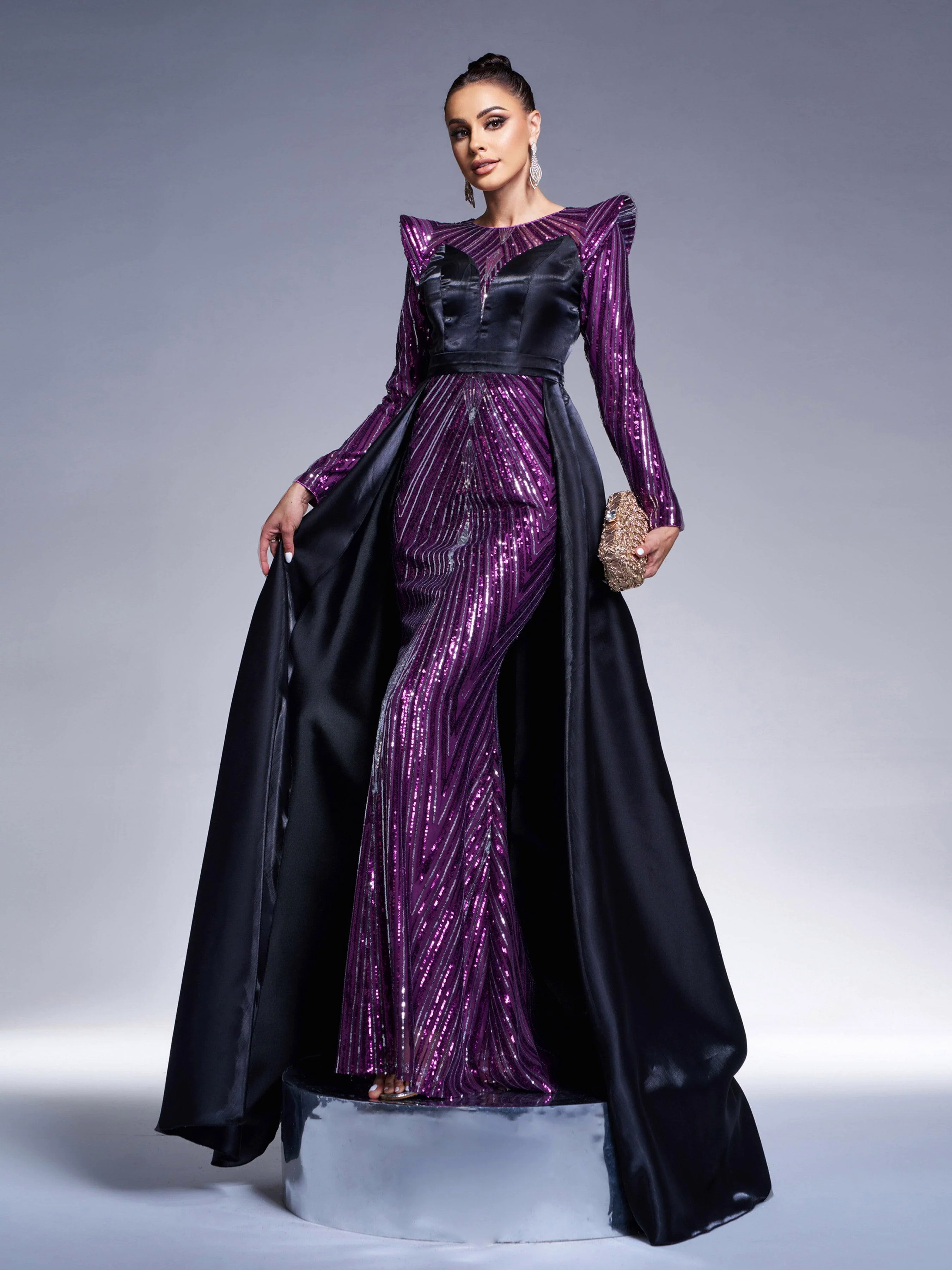 Purple Sequin Sheer Cape Evening Dress GZ60044