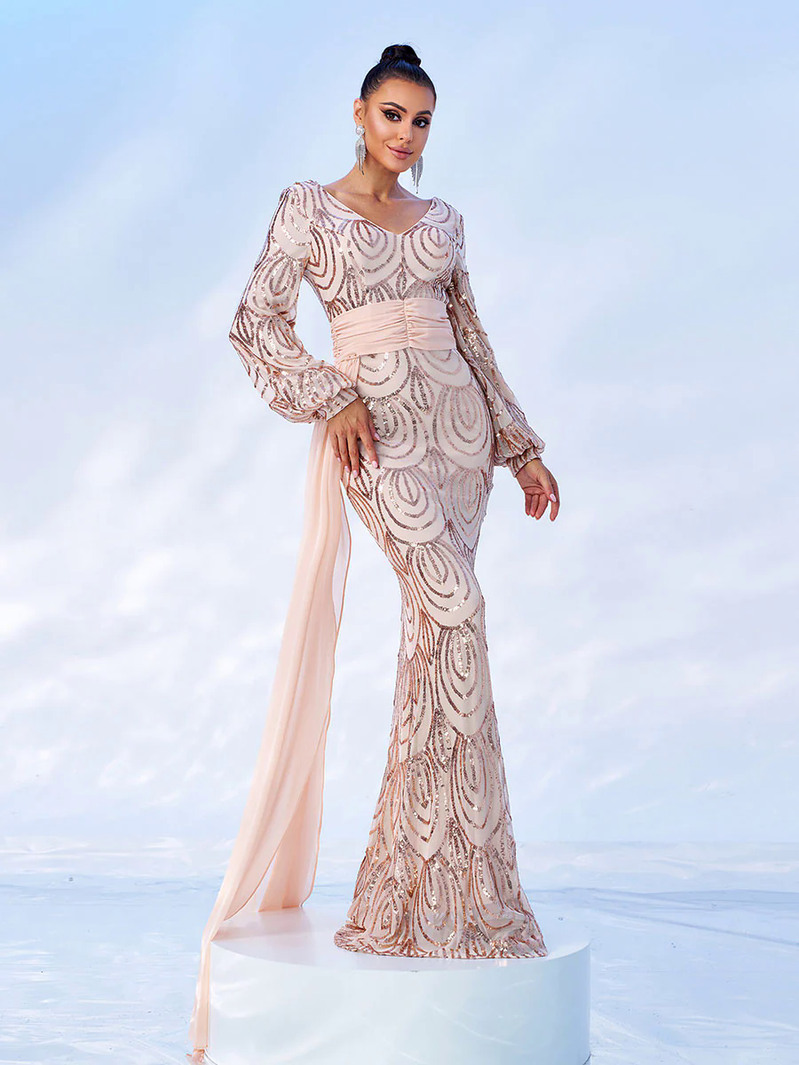 Formal Draping Sequin Long Sleeve Dress XJ1524