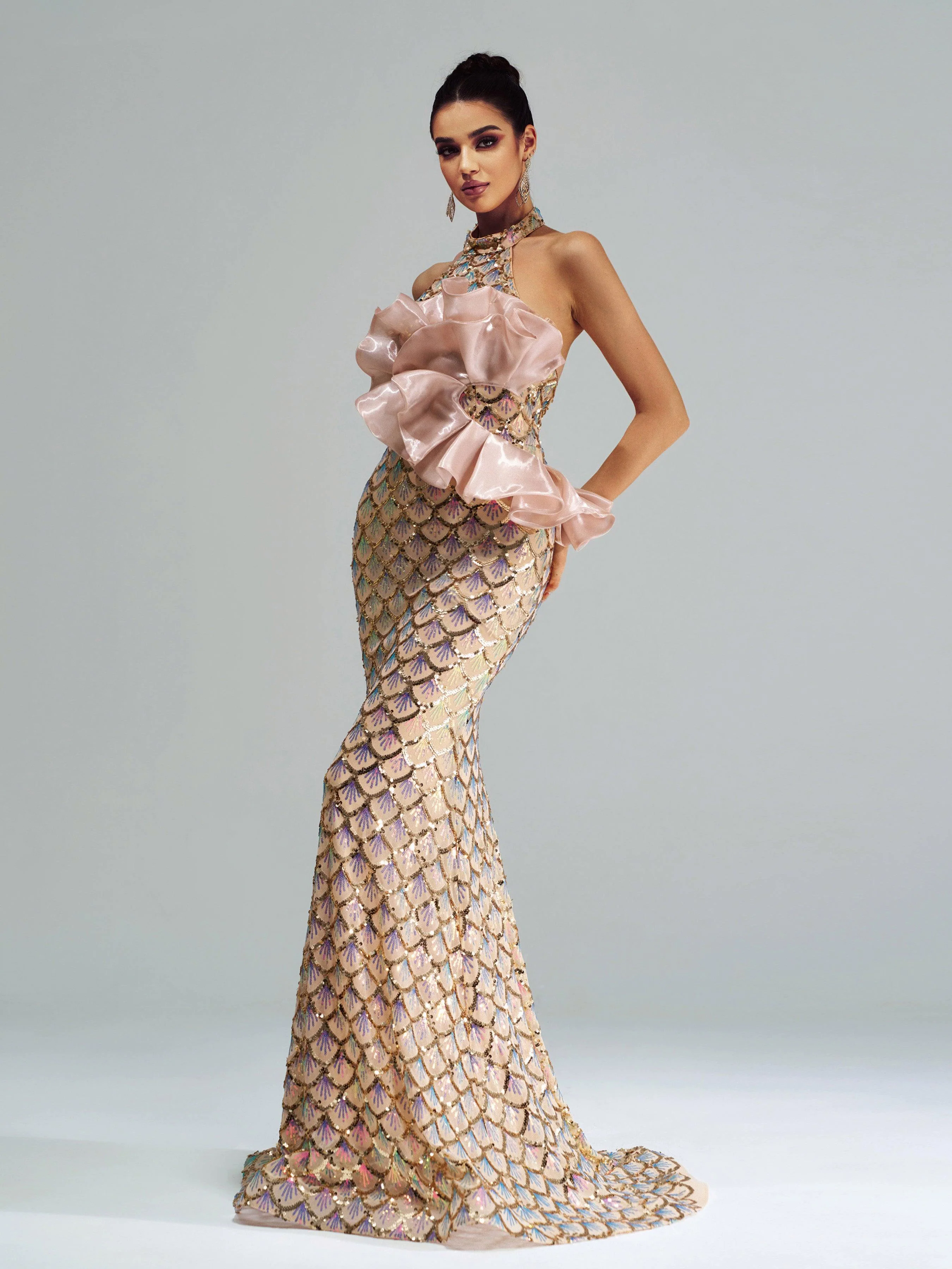 Halter Floral Mermaid Sequin Evening Dress DH80204