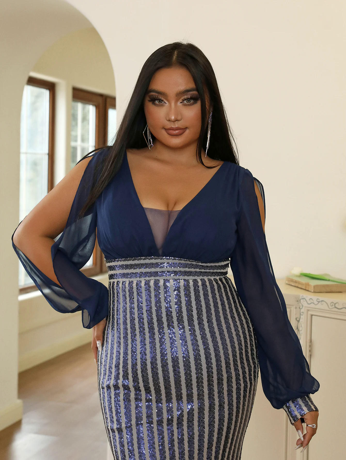 Plus Size Cutout Mermaid Sequin Prom Dress