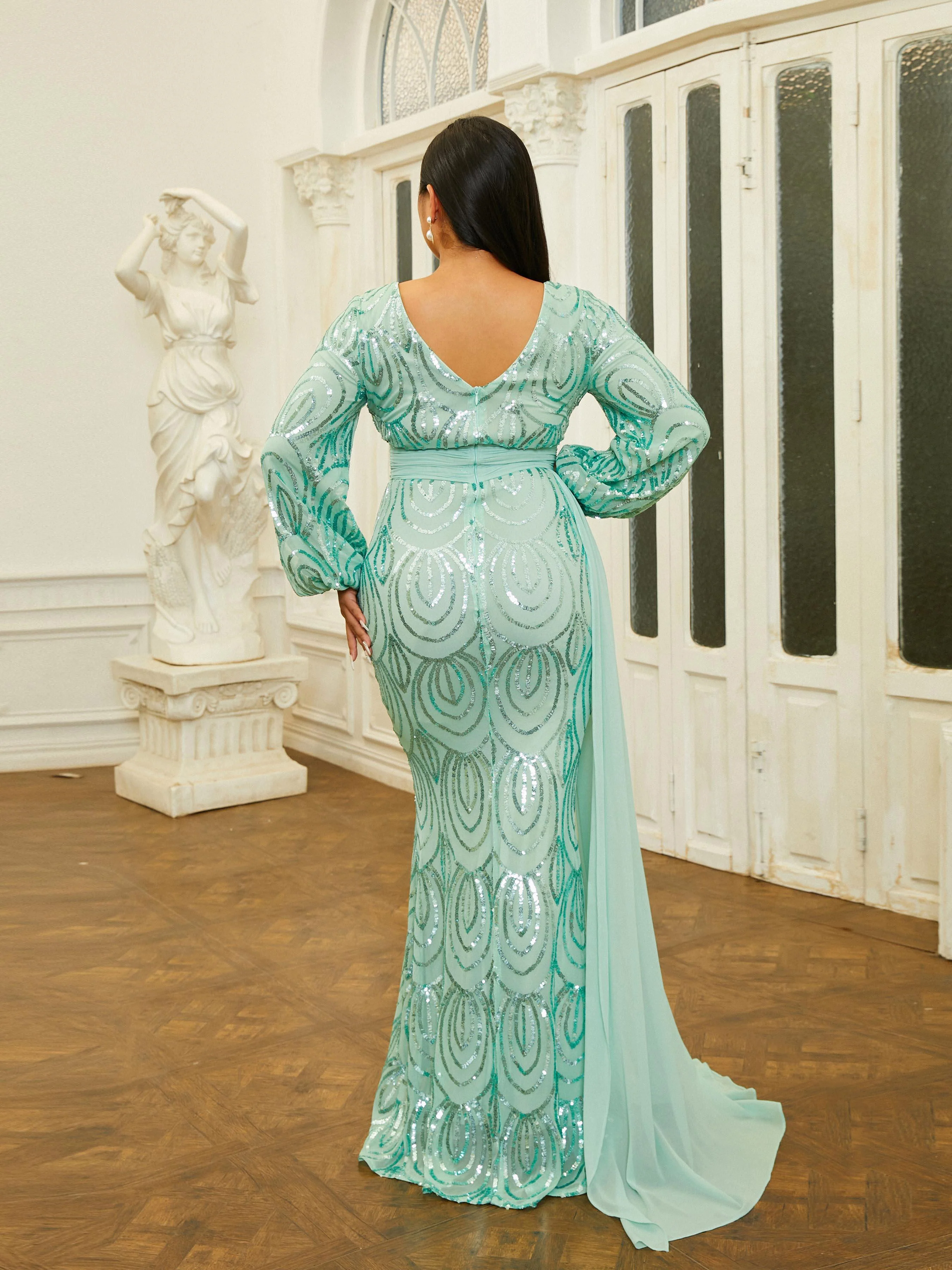 Plus V-Neck Long Sleeve Prom Dress PXJ1524