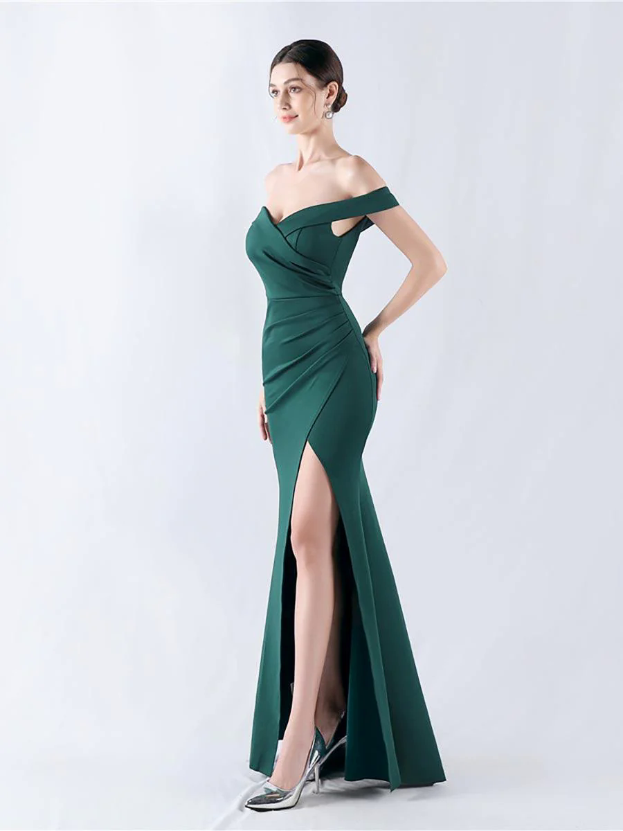 Off Shoulder Ruched Split Prom Dress MYN1003