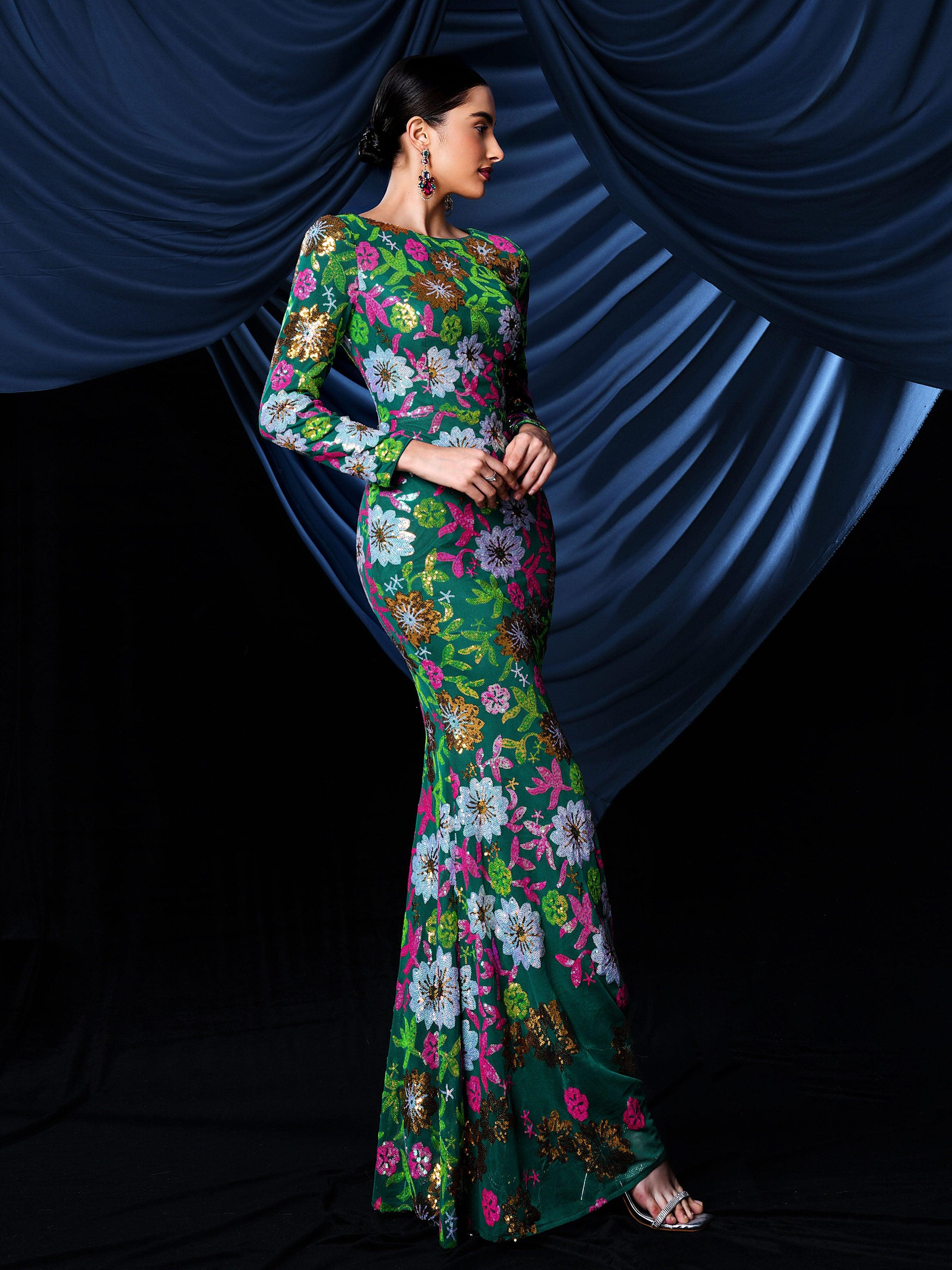 Crew Neck Floral Sequin Dress RJ10987