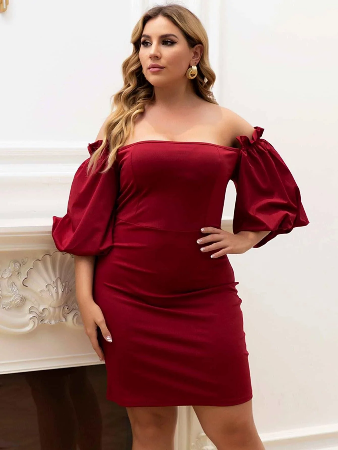 Plus Size Off Shoulder Bishop Sleeve Mini Satin DarkRed Prom Dress P0052