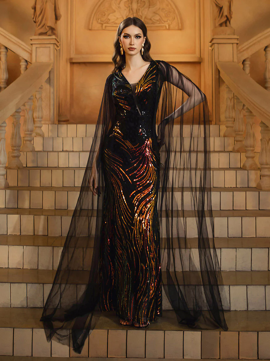 Black Mesh Sleeve Sequin Formal Dress RX70362