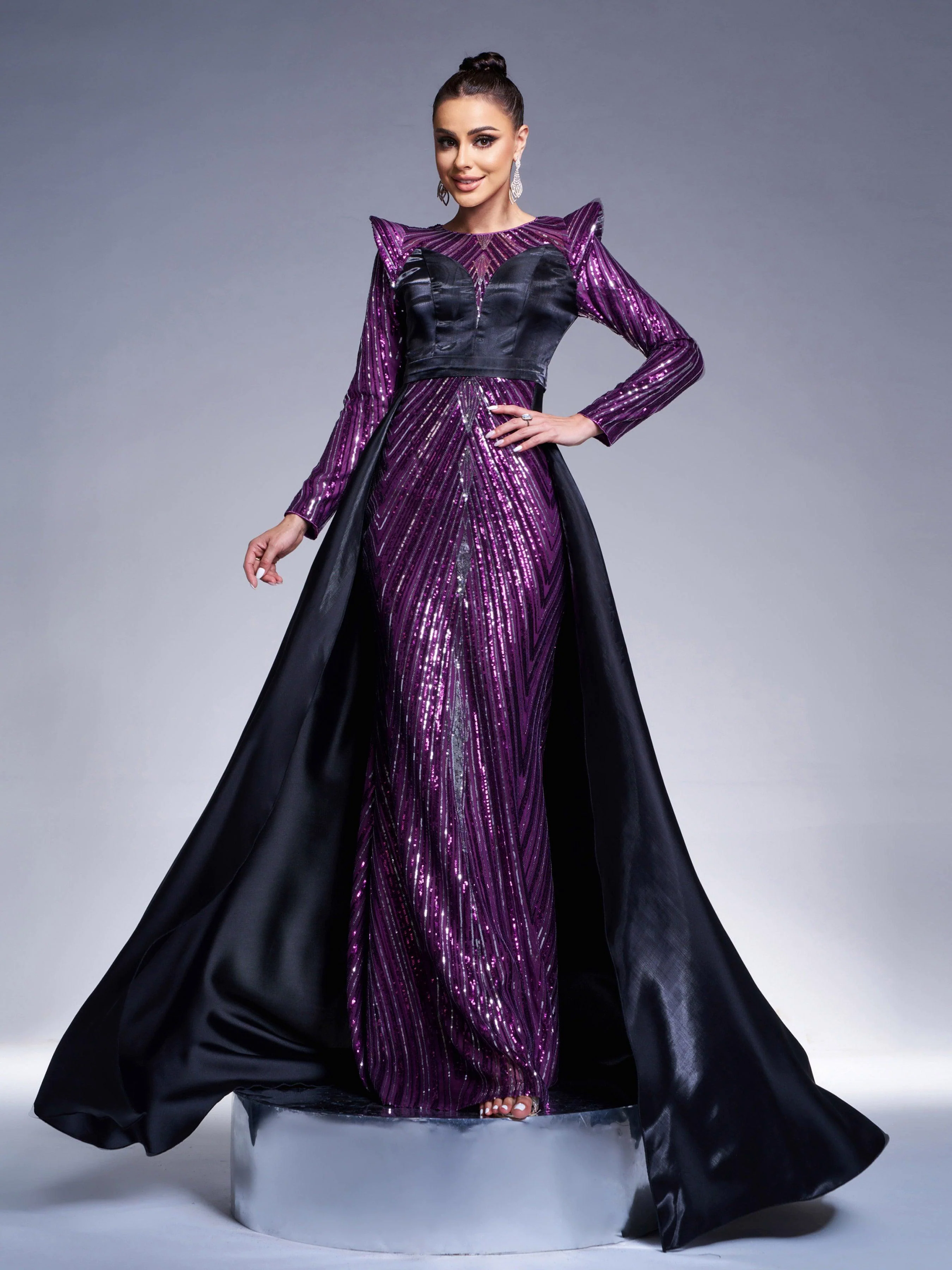 Purple Sequin Sheer Cape Evening Dress GZ60044
