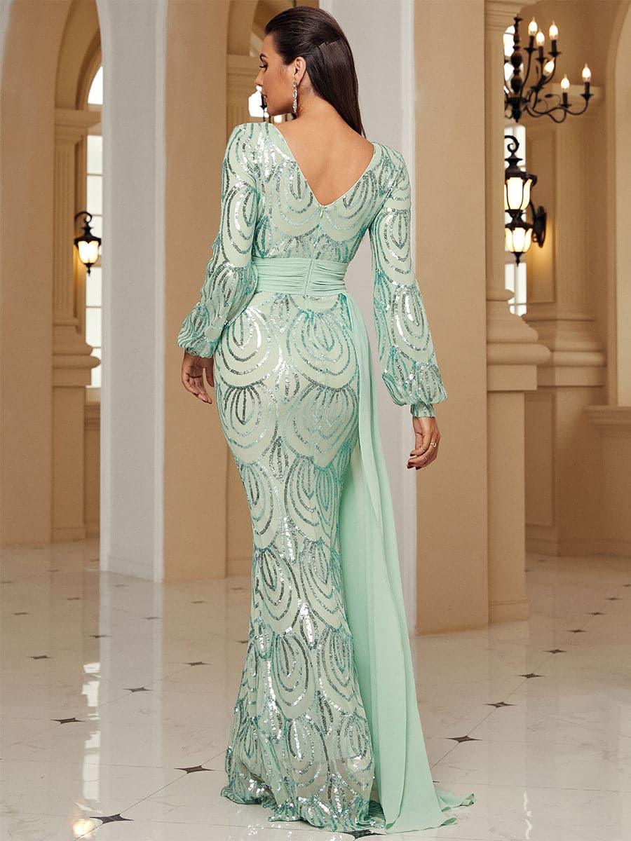 Formal Draping Sequin Long Sleeve Dress XJ1524