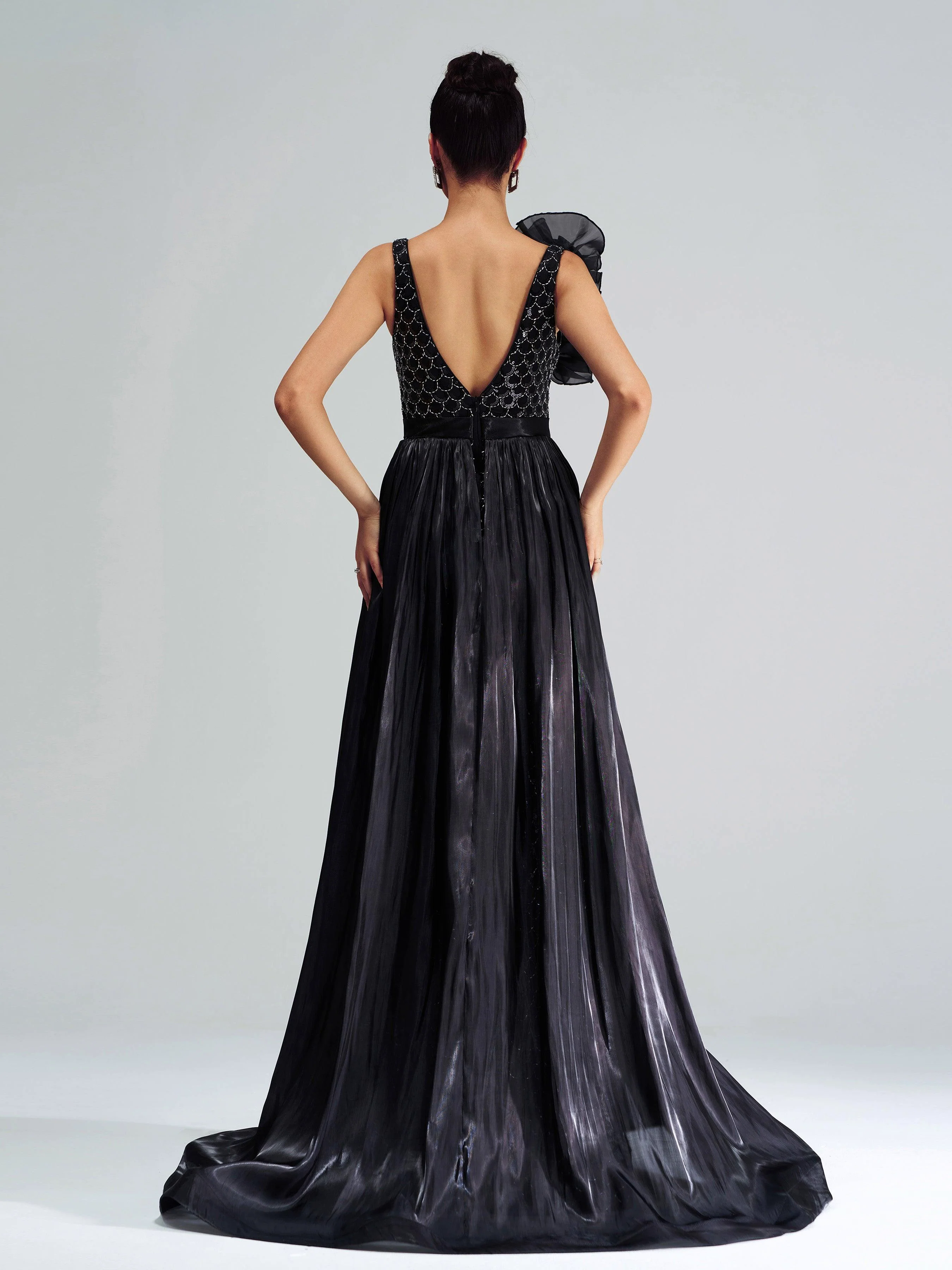 Ruffled Backless Mesh Cape Evening Dress DH80079