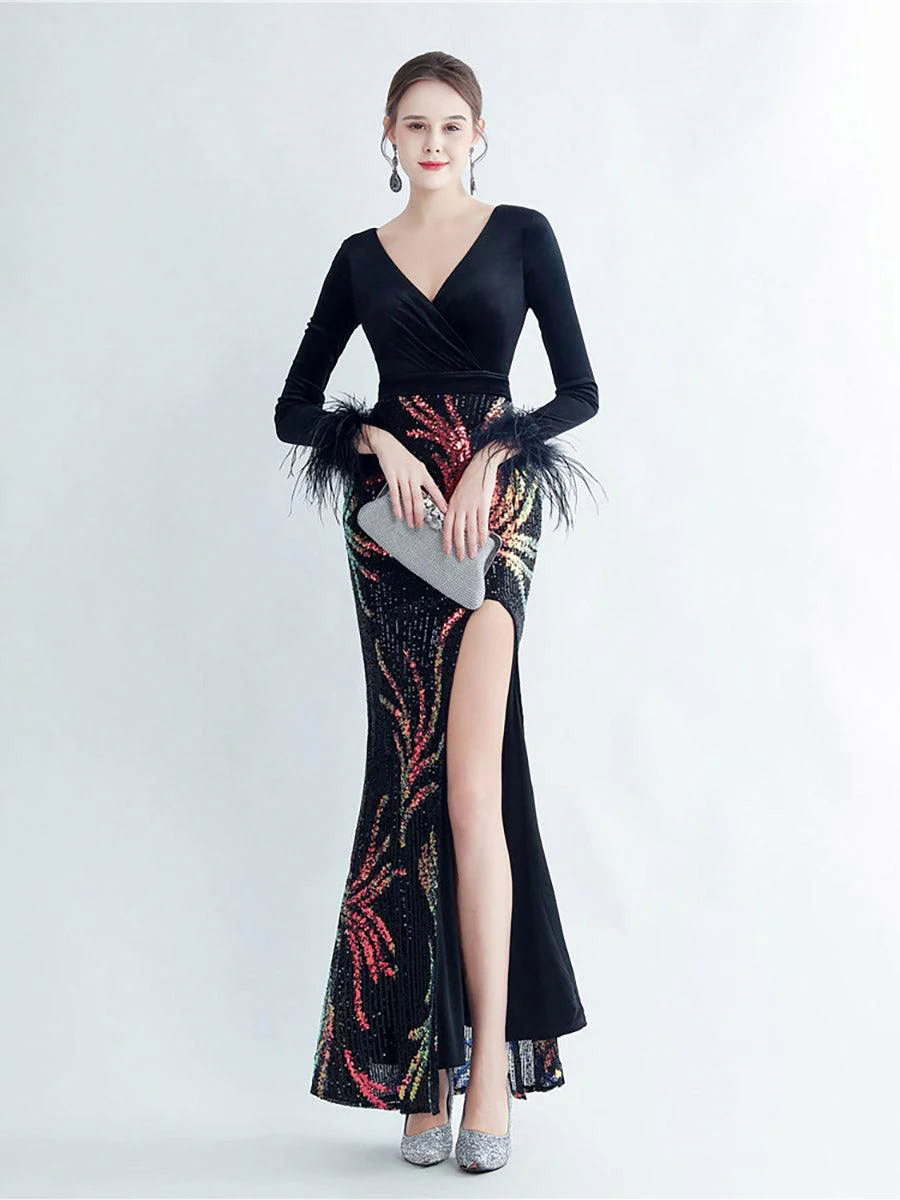 Long Sleeve Velvet Feather Wrap Prom Dress MCW0949