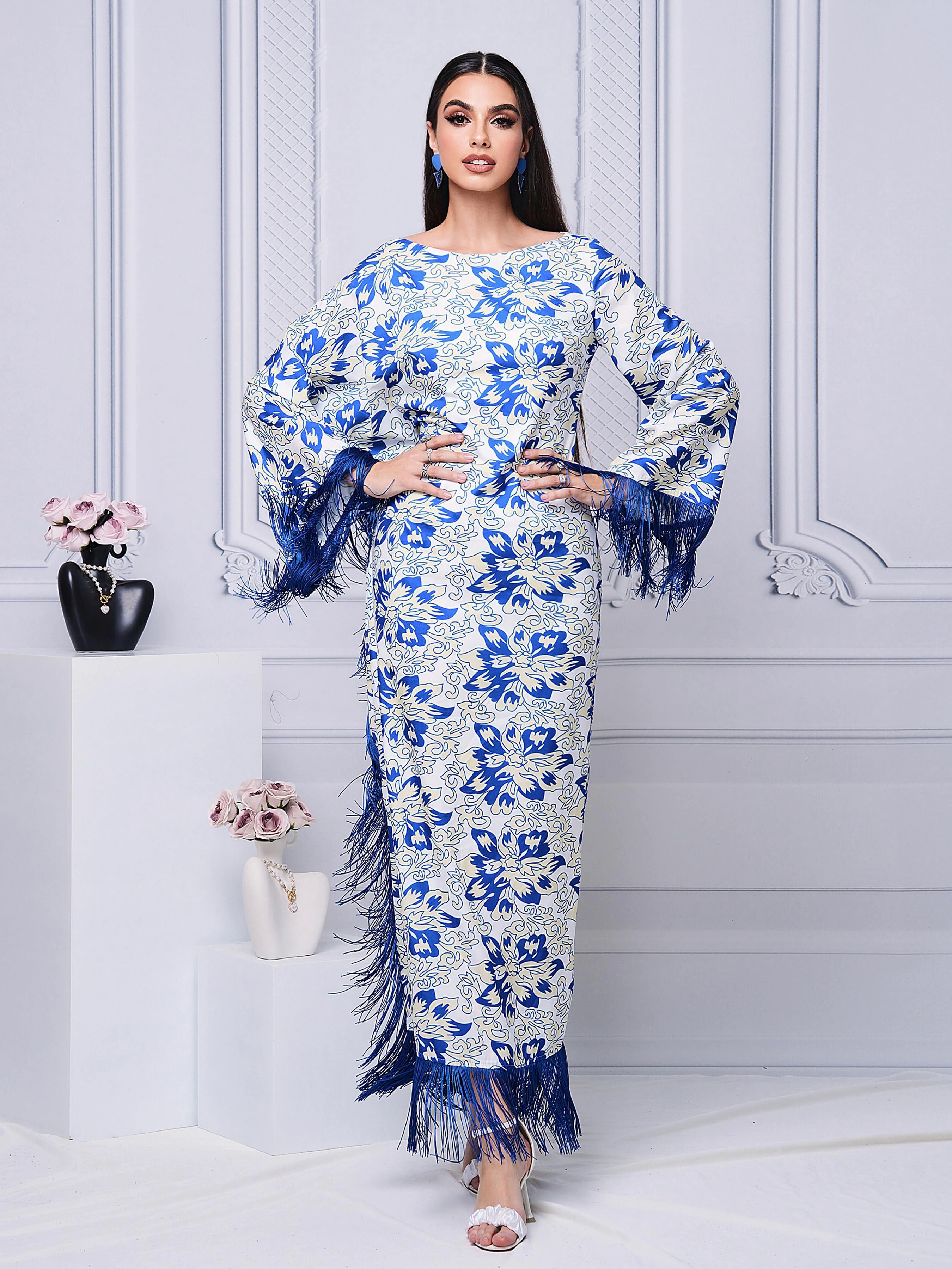 Crew Neck Fringed Print Maxi Dress ME70046X