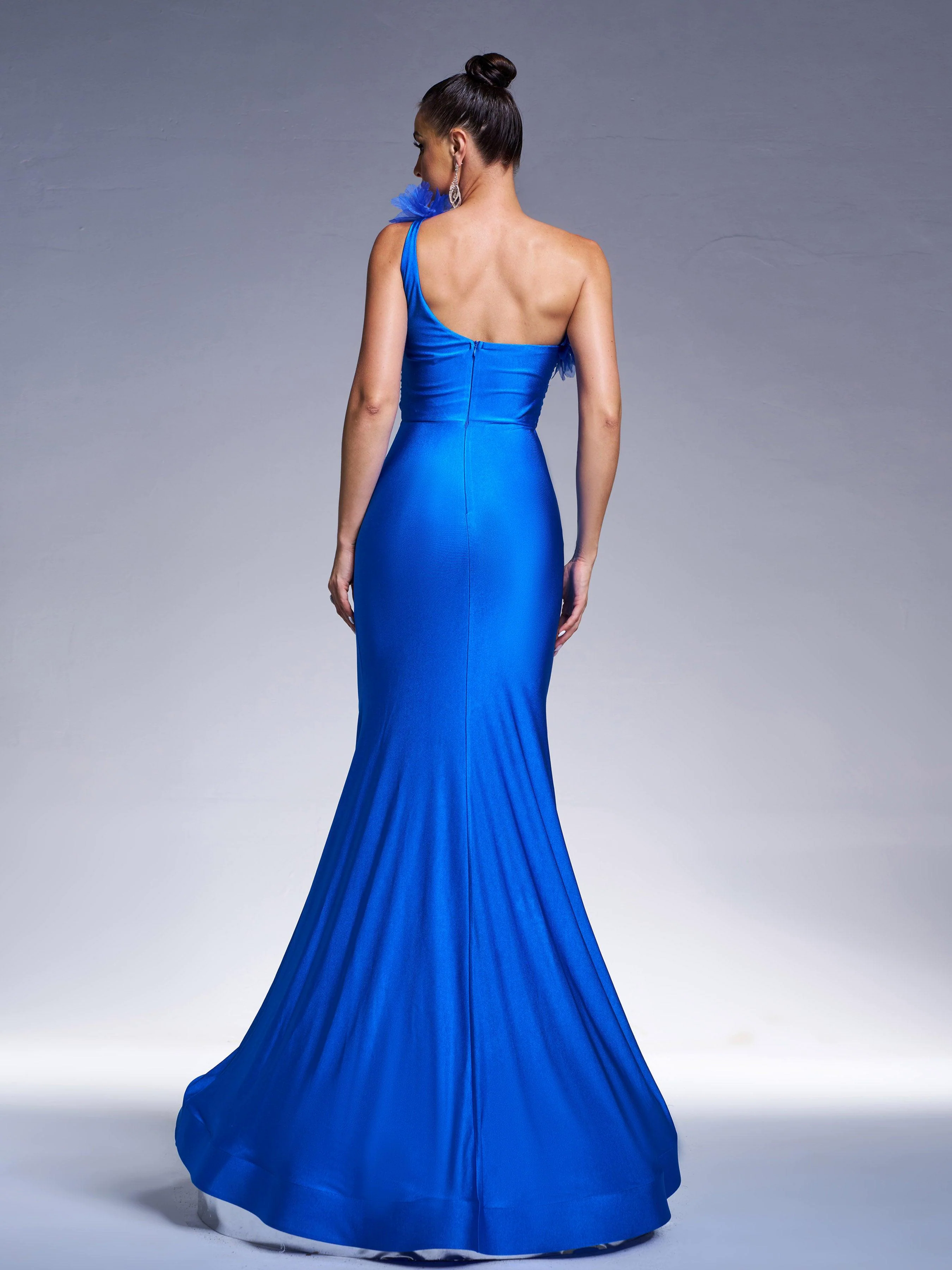 Blue One-Shoulder Feather Slit Prom Dress RJ12051