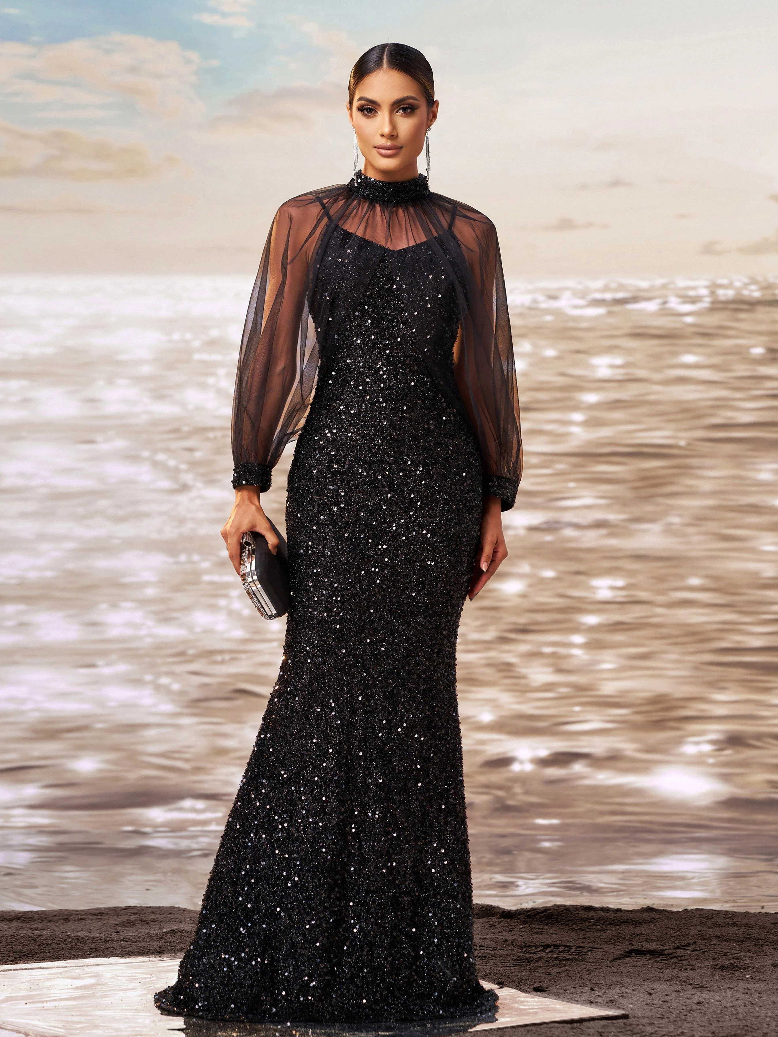 Black Long Sleeve Mesh Sequin Floor Length Dress GM00653