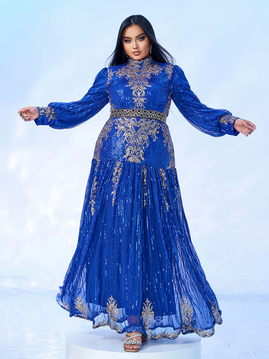 Plus Stand Collar Sequin A-line Dress PMES00341