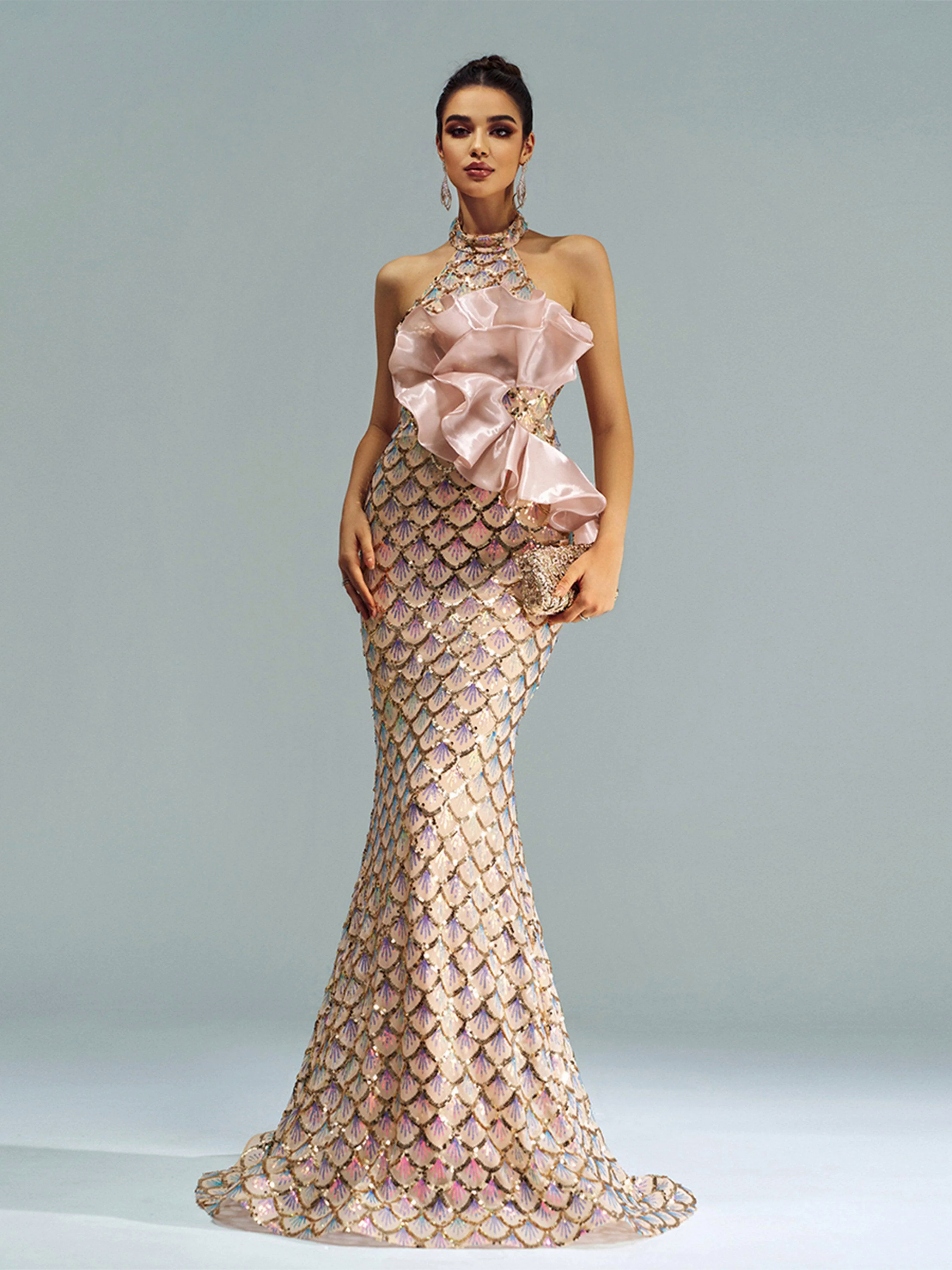 Halter Floral Mermaid Sequin Evening Dress DH80204