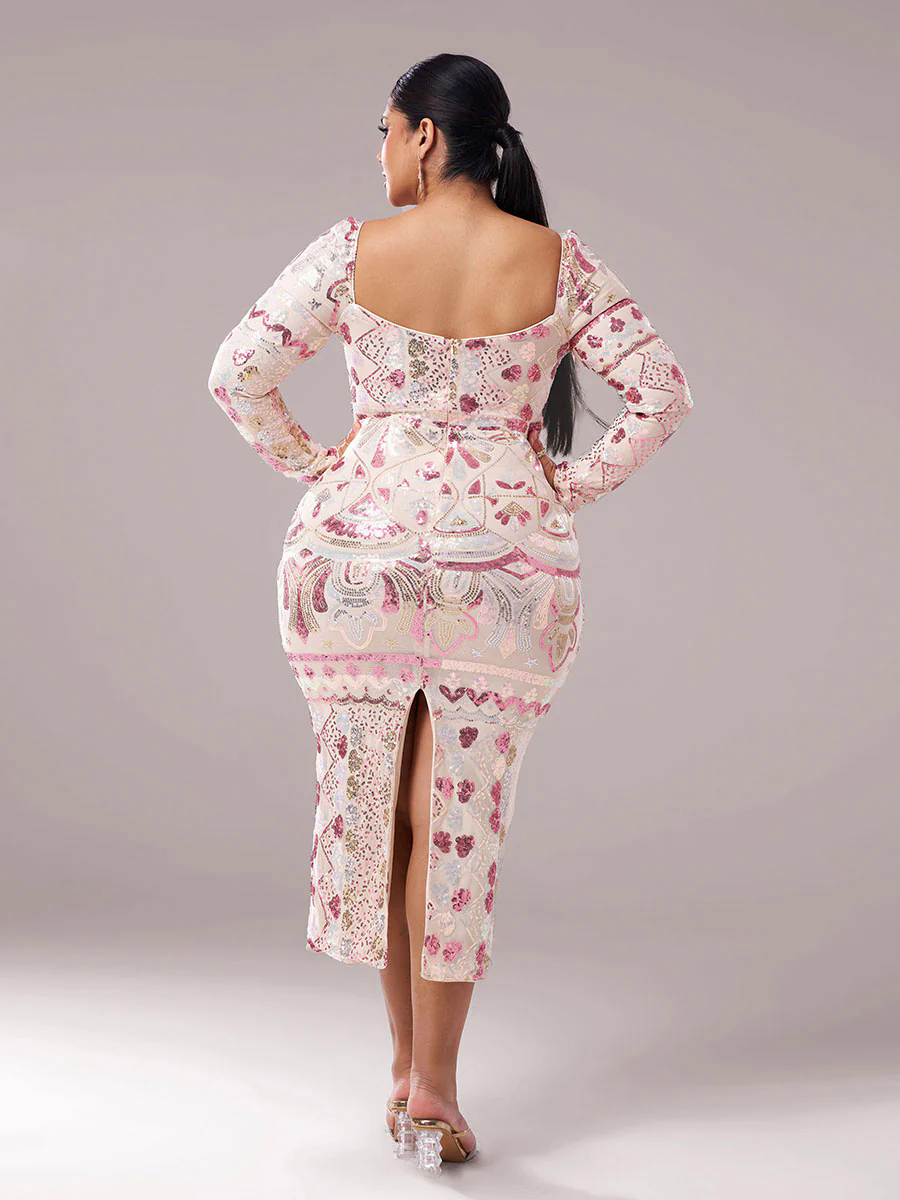 Plus Square Neck Sequin Split Midi Dress PRM20830