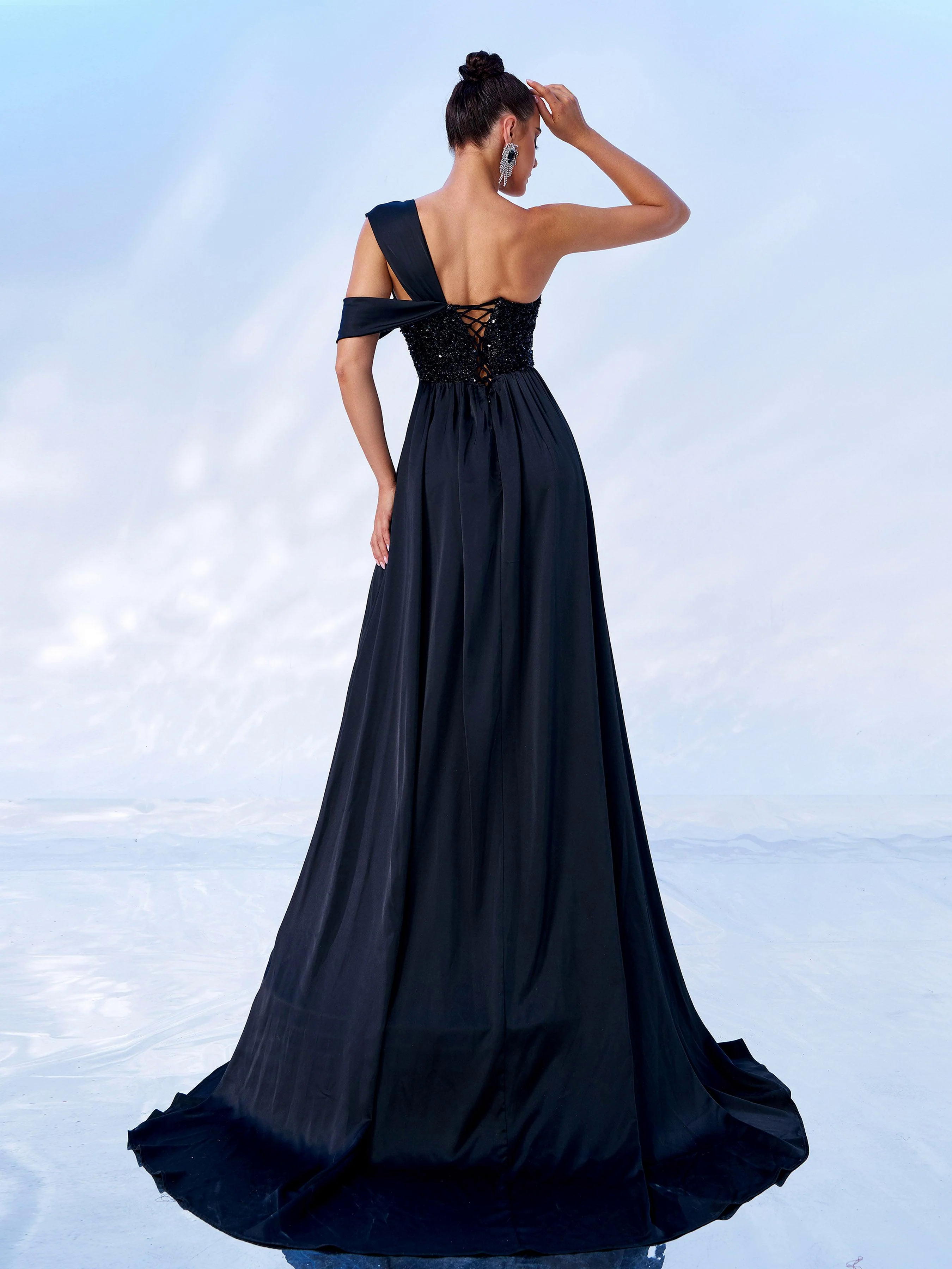 Black One Shoulder Corset Backless Evening dress RJ2004