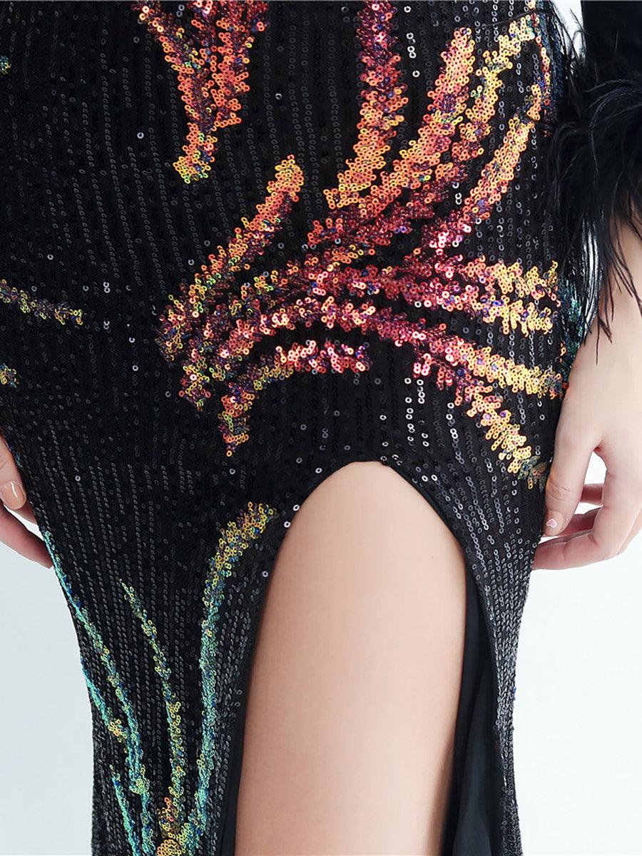 Long Sleeve Velvet Feather Wrap Prom Dress MCW0949