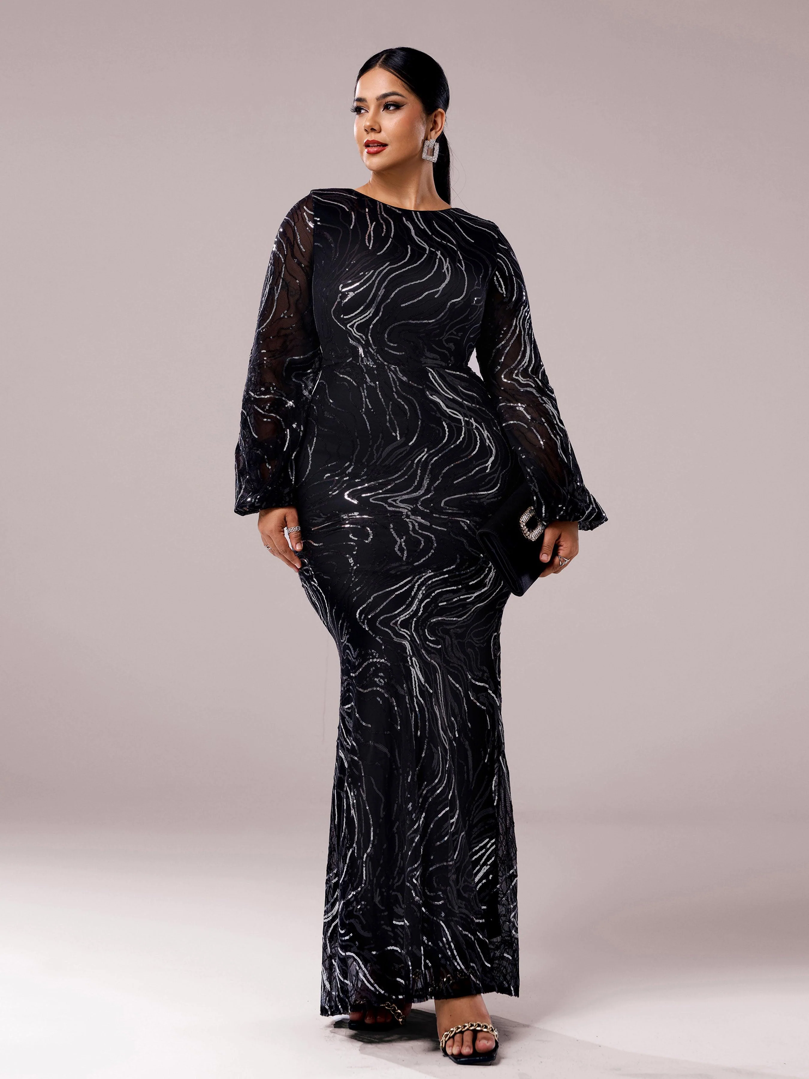 Plus Size Long Sleeve Sequin Prom Dress PXJ1500