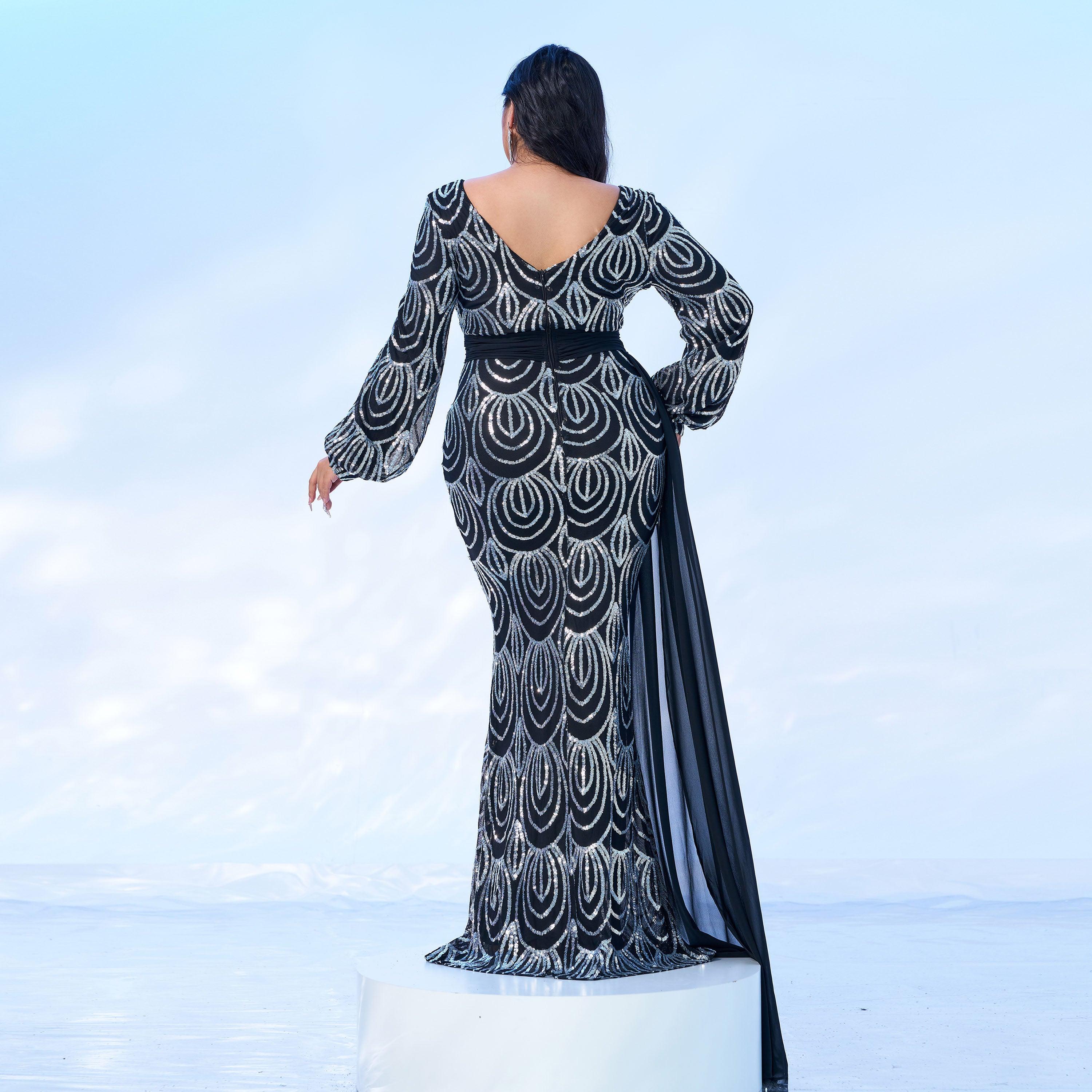 Plus V-Neck Long Sleeve Prom Dress PXJ1524