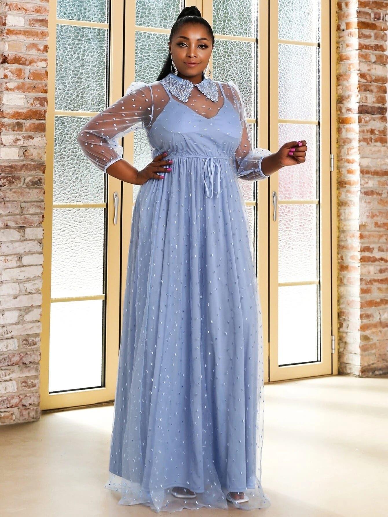 MISSORD Plus Knot Front Maxi Embroidery Mesh Prom Dress P0154