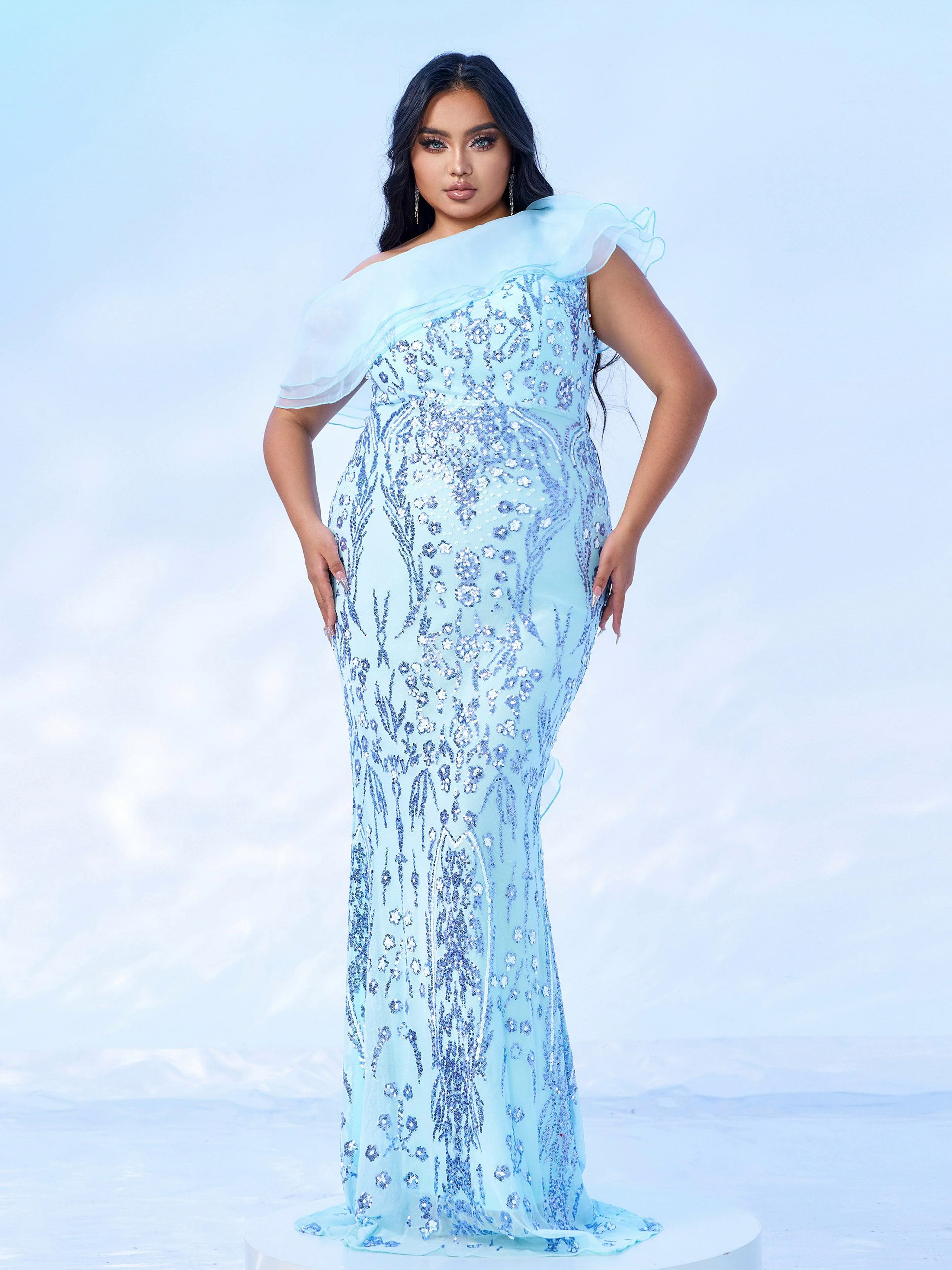 Plus Off Shoulder Ruffled Seuqin Mermaid Prom Dress PRX70231