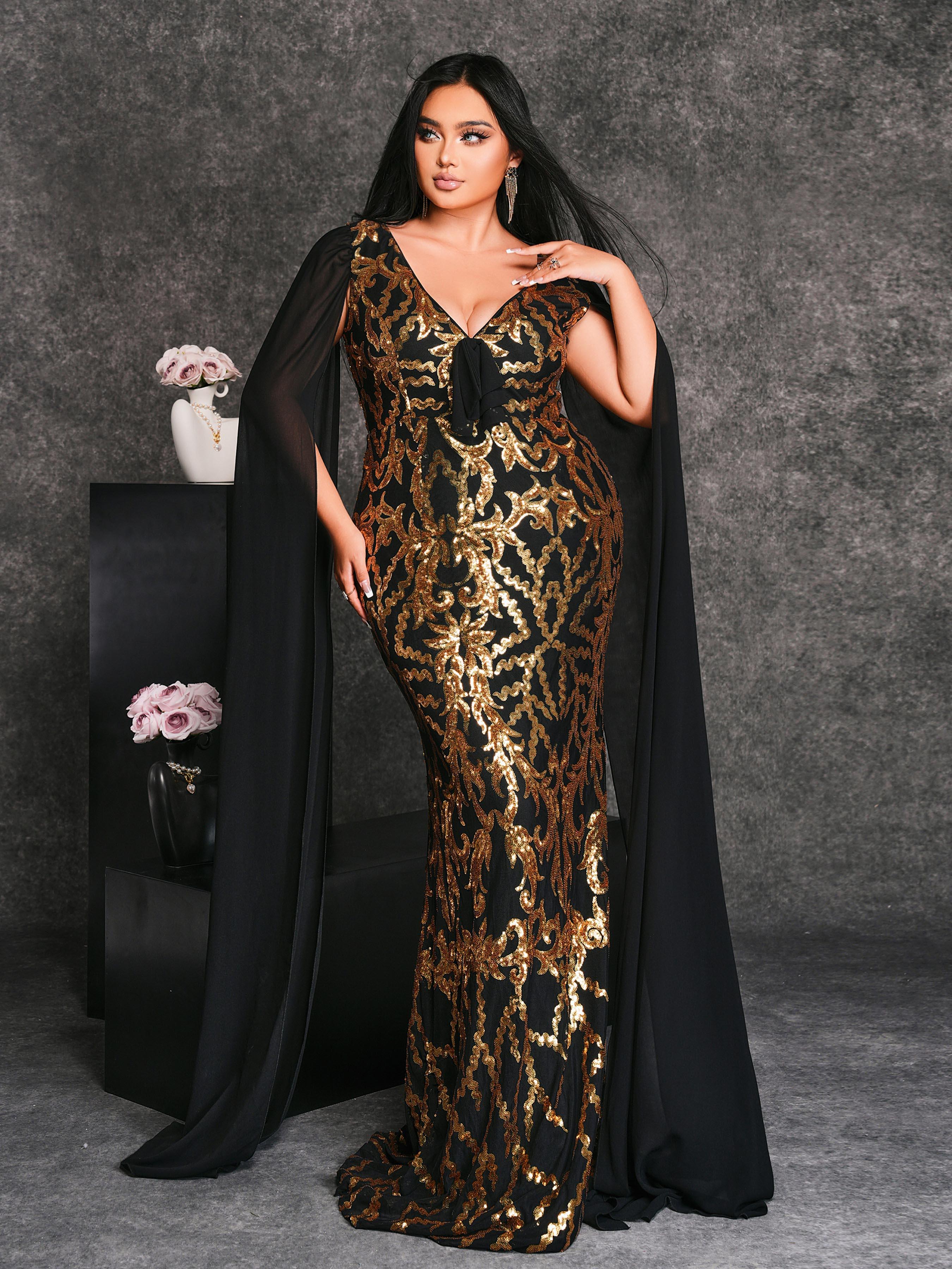 Plus V-neck Cape Sleeve Formal Dress PRX70124