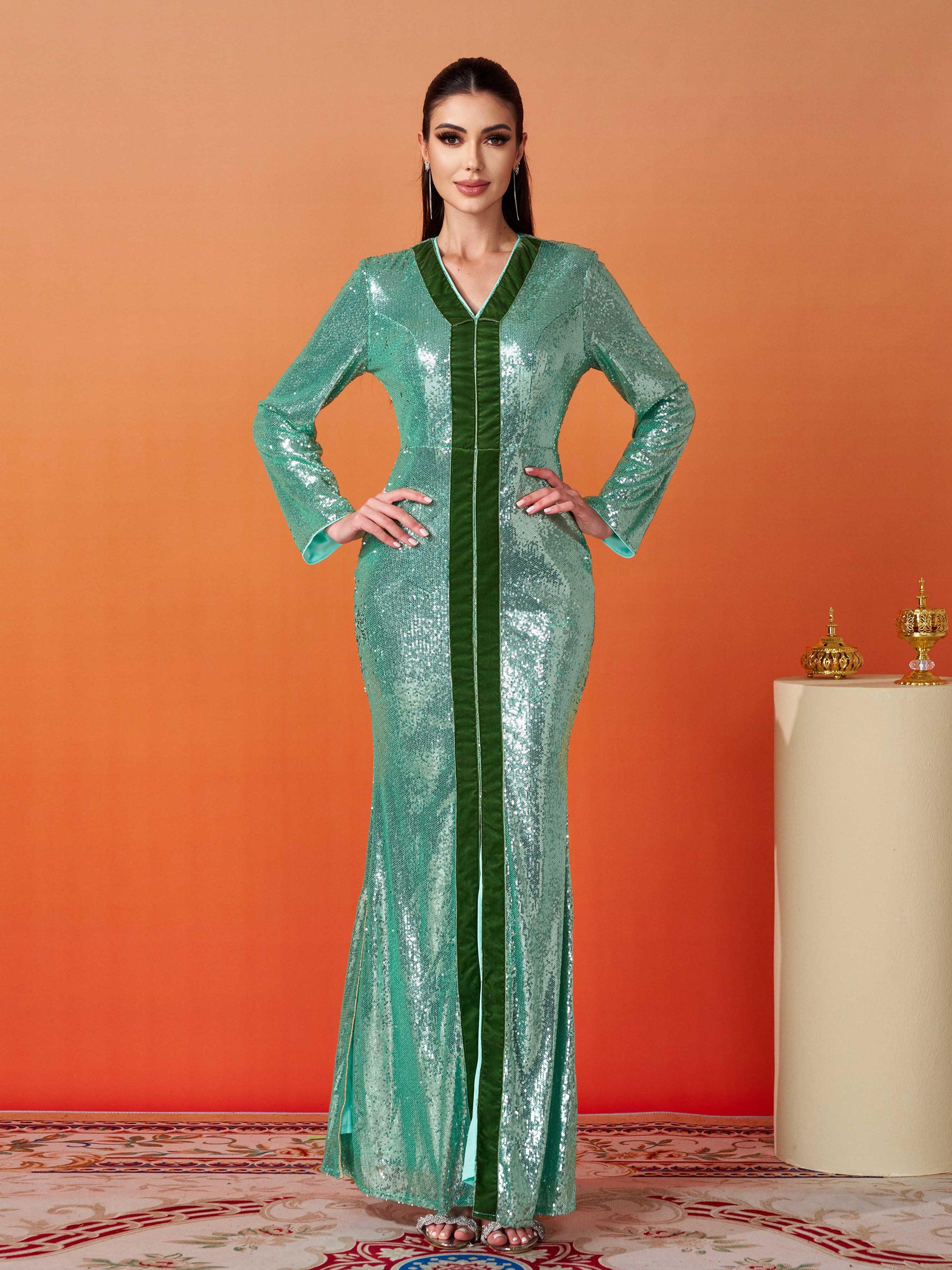 Stand Collar Split Maxi Sequin Dress MES00358