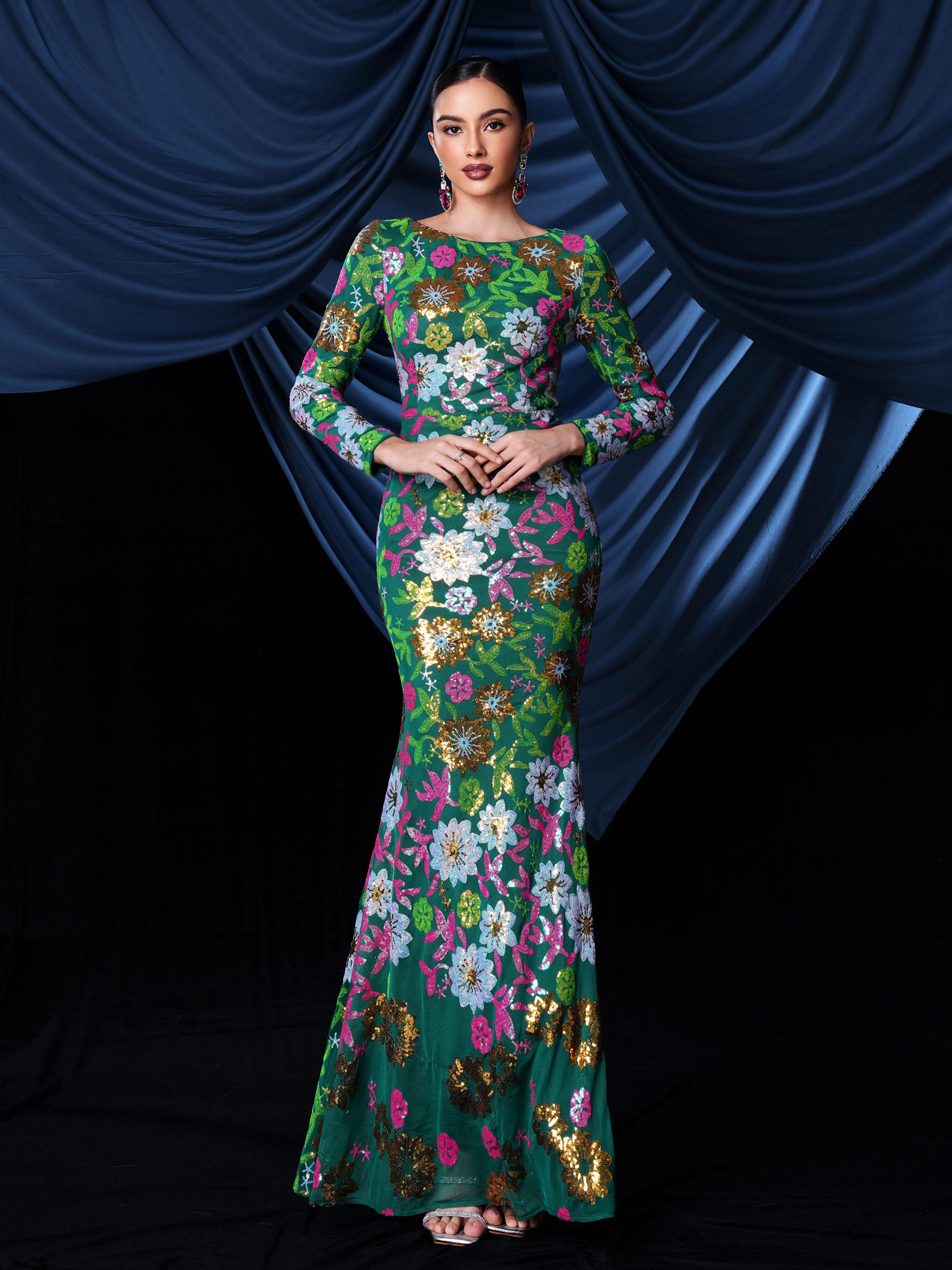 Crew Neck Floral Sequin Dress RJ10987