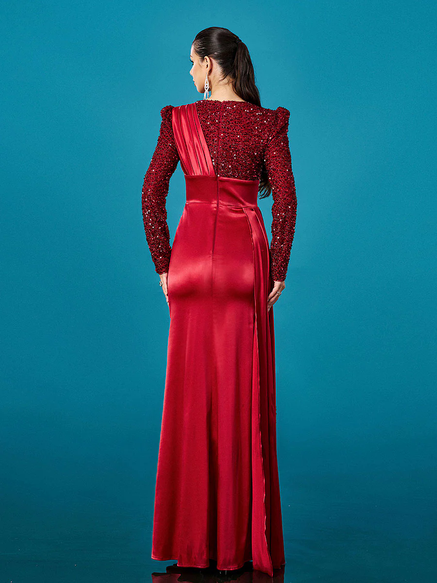 Red Panel Split Ruched Long Sleeve Prom Dress DH80422