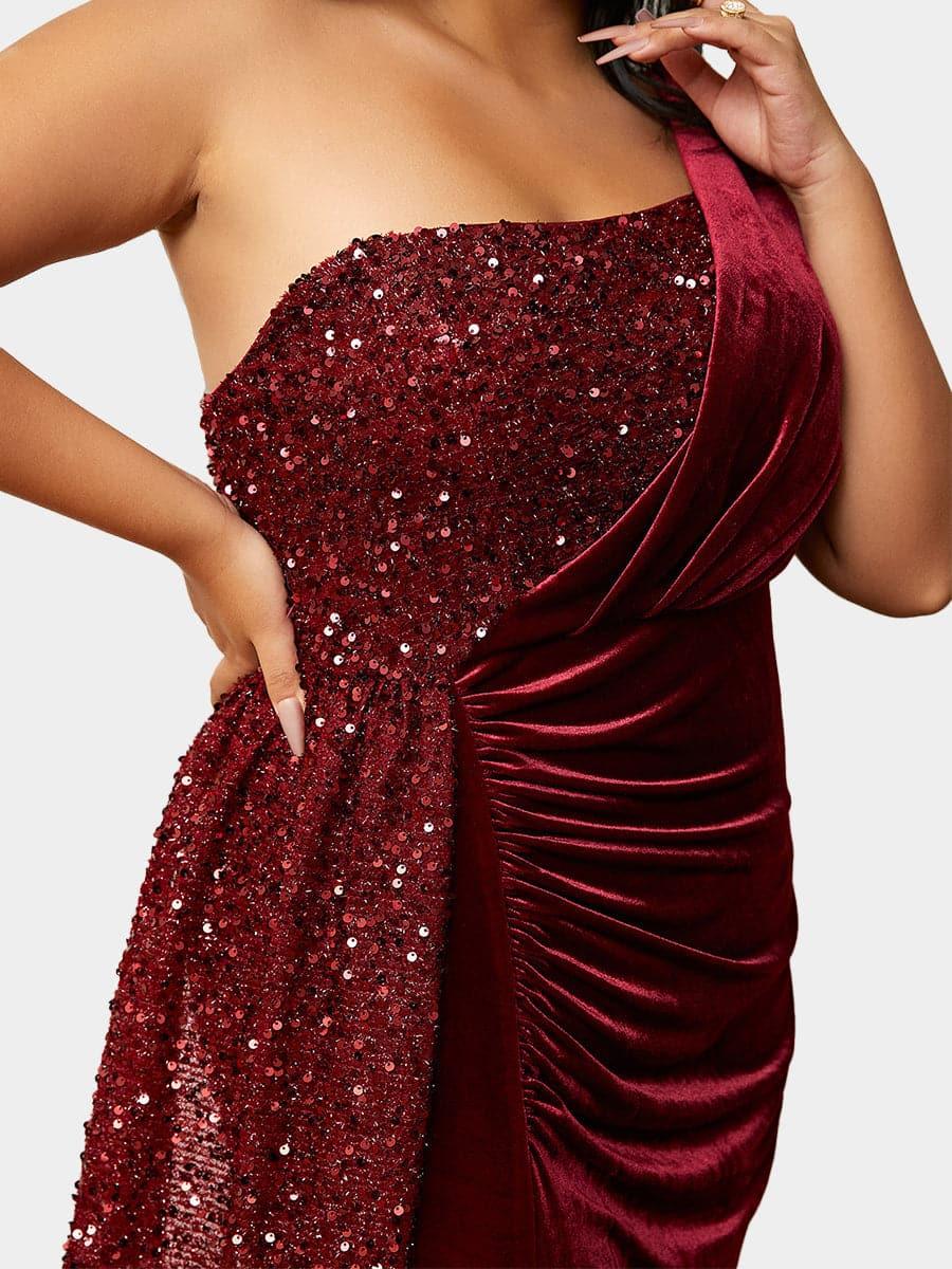 Plus Size One Shoulder Draped Sequin Burgundy Prom Dress PXH2356