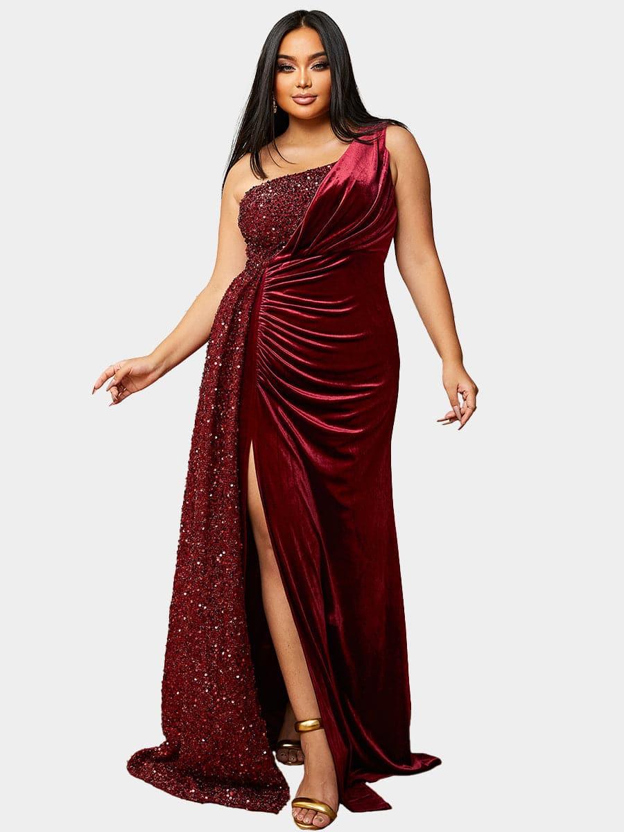 Plus Size One Shoulder Draped Sequin Burgundy Prom Dress PXH2356