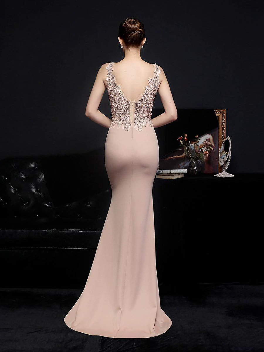 V-neck Sleeveless Embroidered Evening Dress MCW0951
