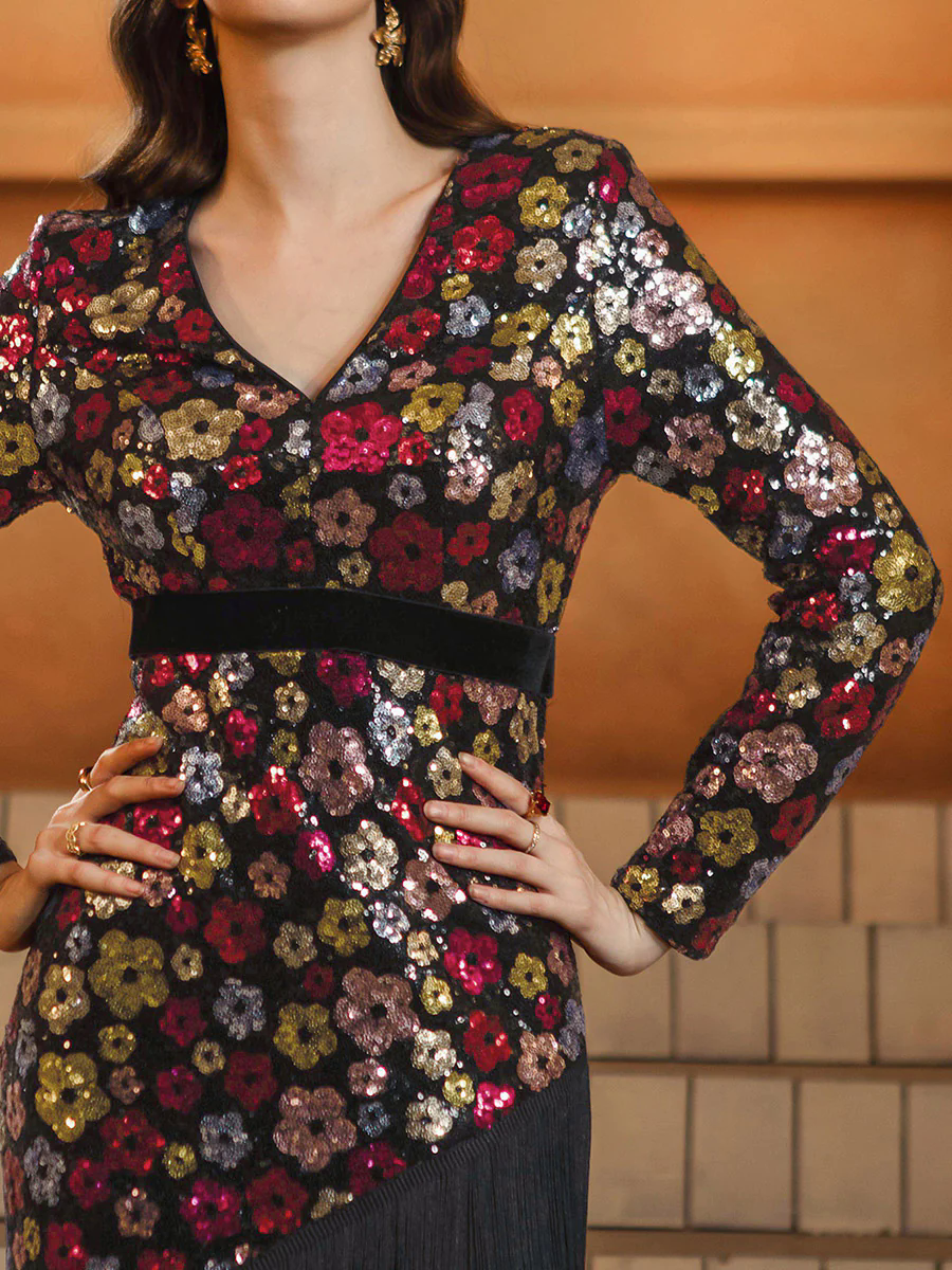 Fringed Split Floral Sequin Prom Dress GM00713