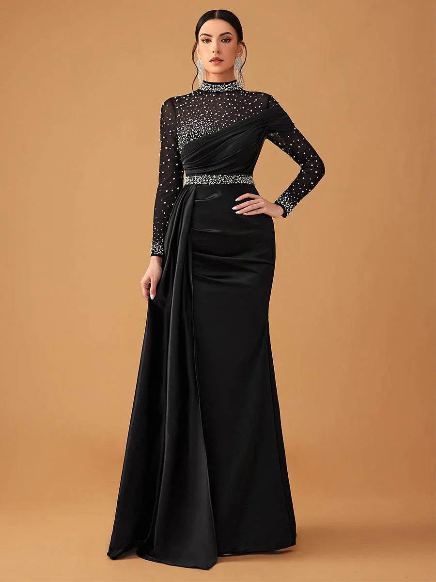 Elegant Mesh Beaded Satin Turtleneck Evening Dress GM90146