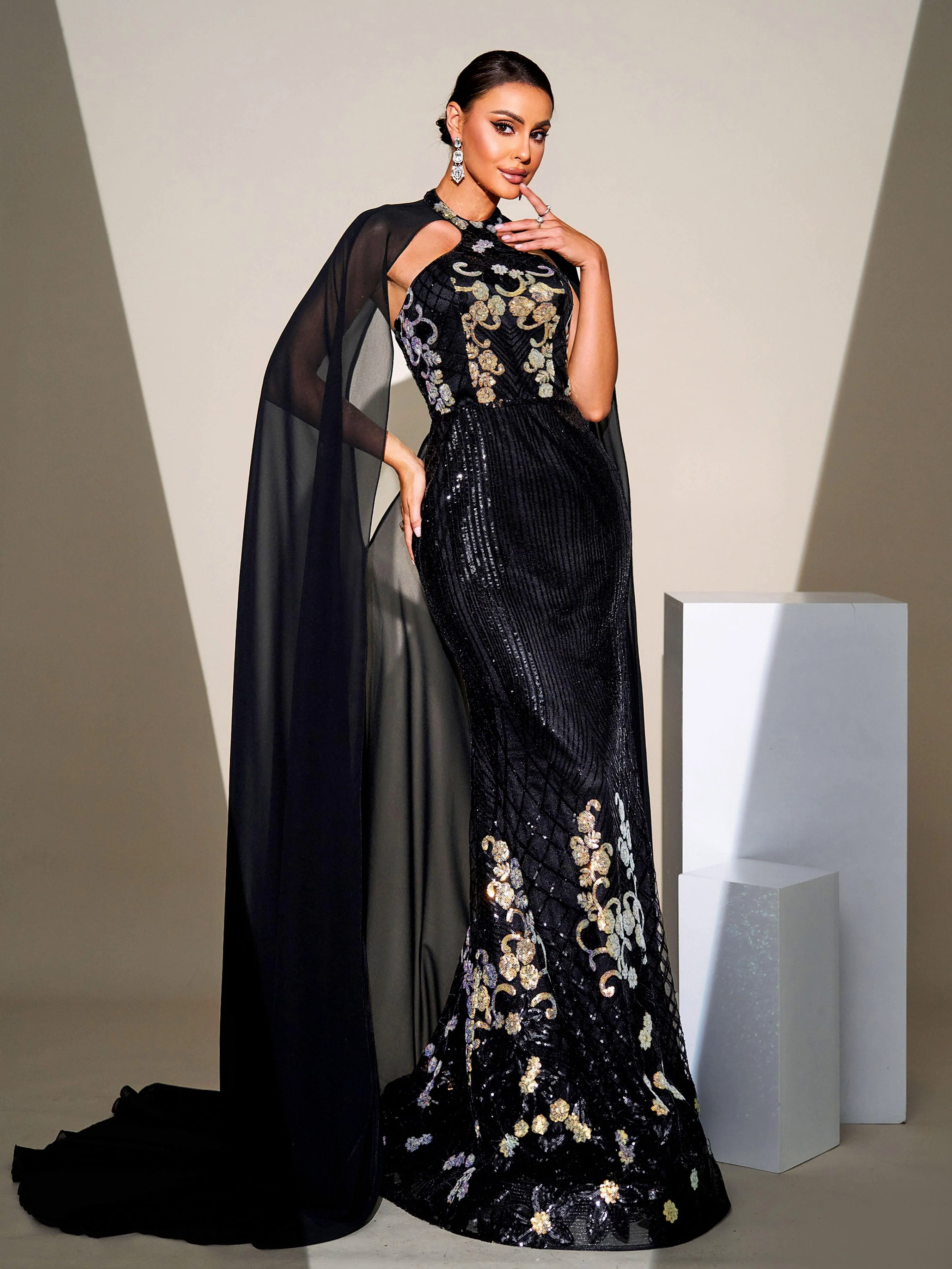 Cape Sleeve Mermaid Sequin Formal Dress DH80100