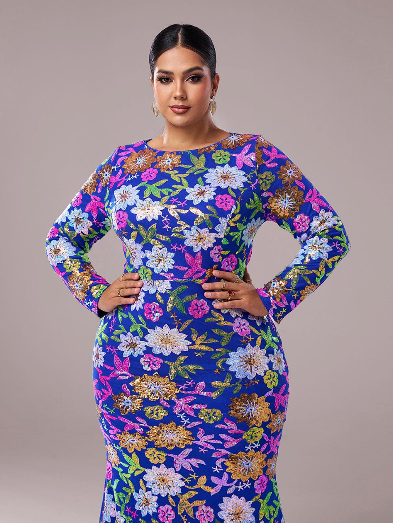 Plus Crew Neck Floral Sequin Dress PRJ10987