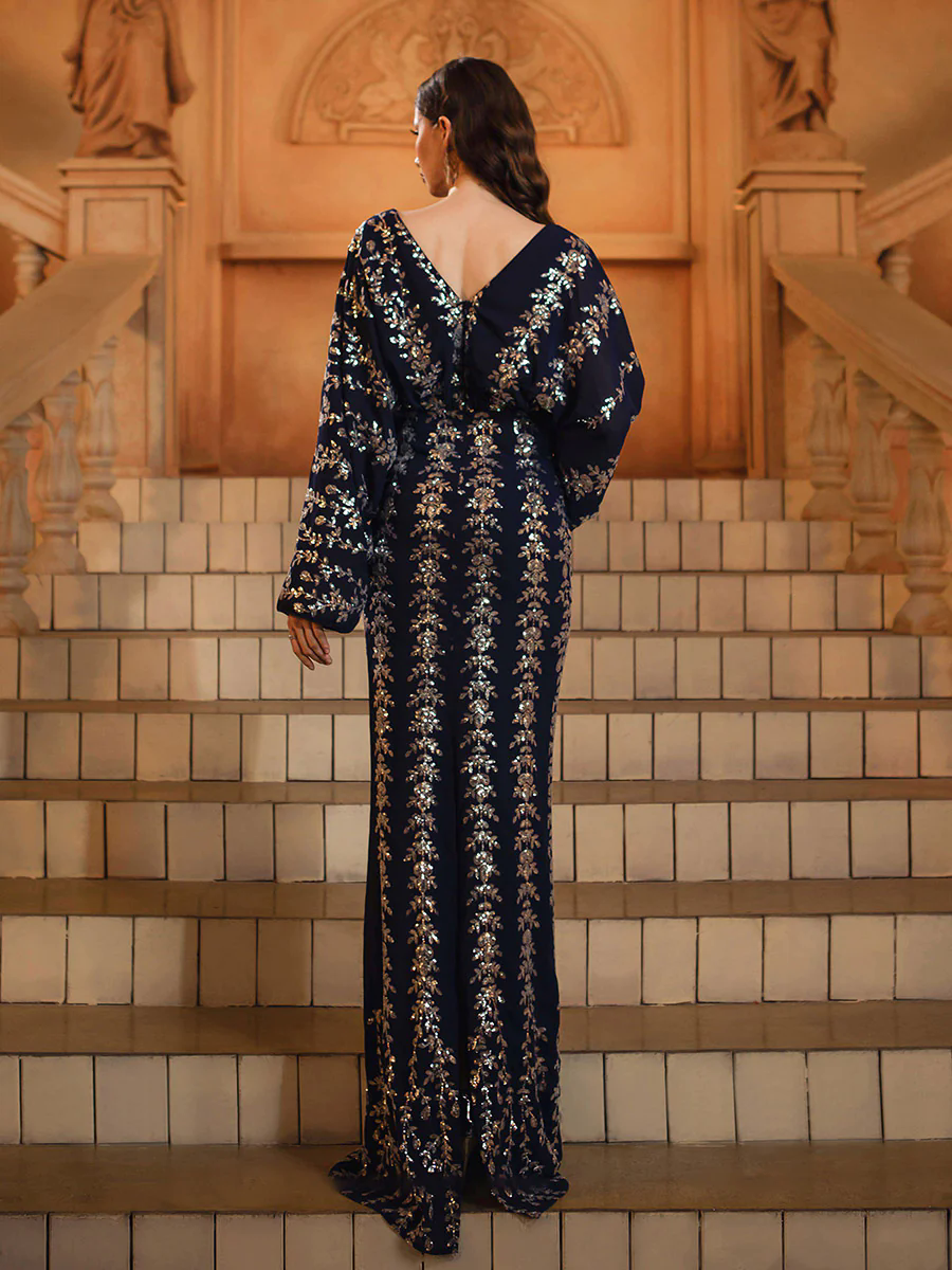 Bat-sleeve V-neck Leaf Sequin Loose Dress MES72148