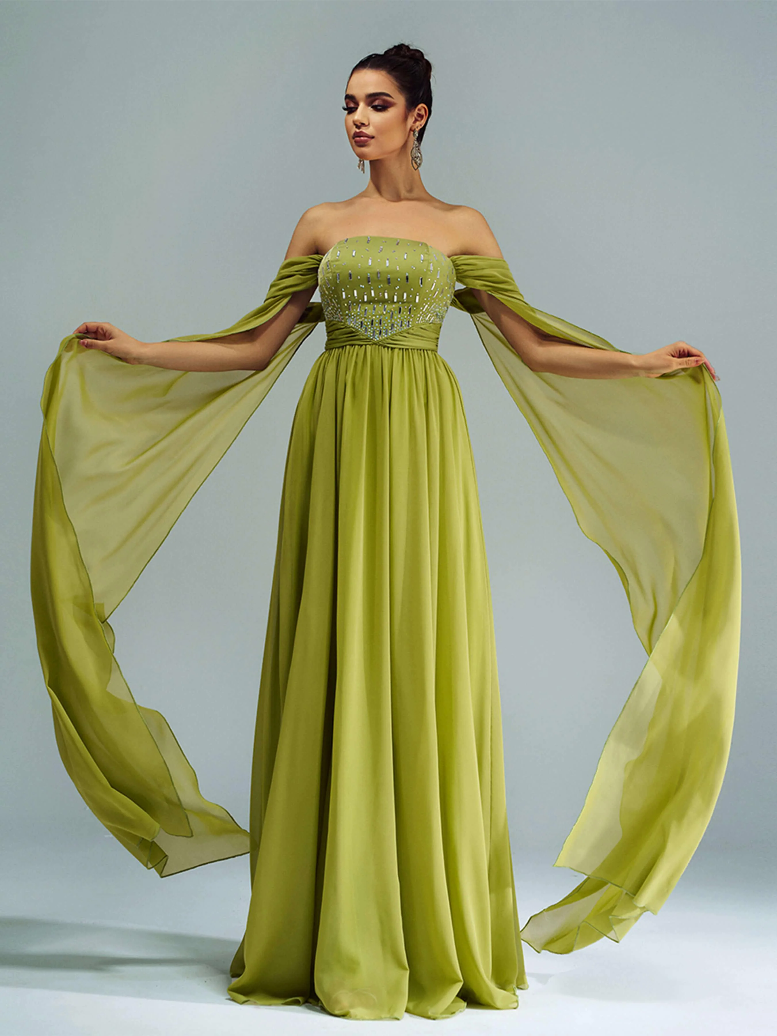 Green Chiffon Rhinestone Off Shoulder Prom Dress RX70147