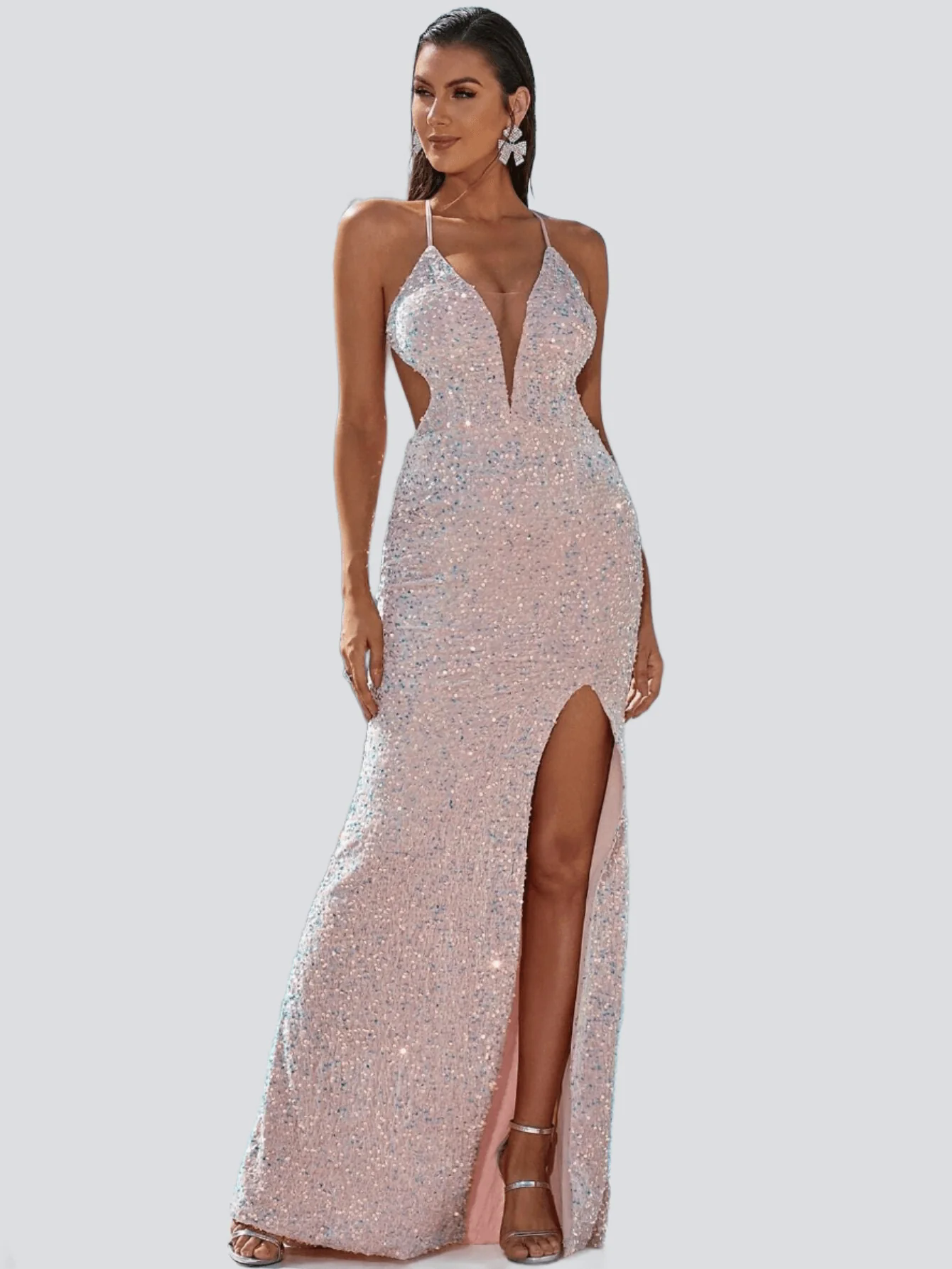 V Neck Open Back Sequin Maxi Formal Dress XH1933