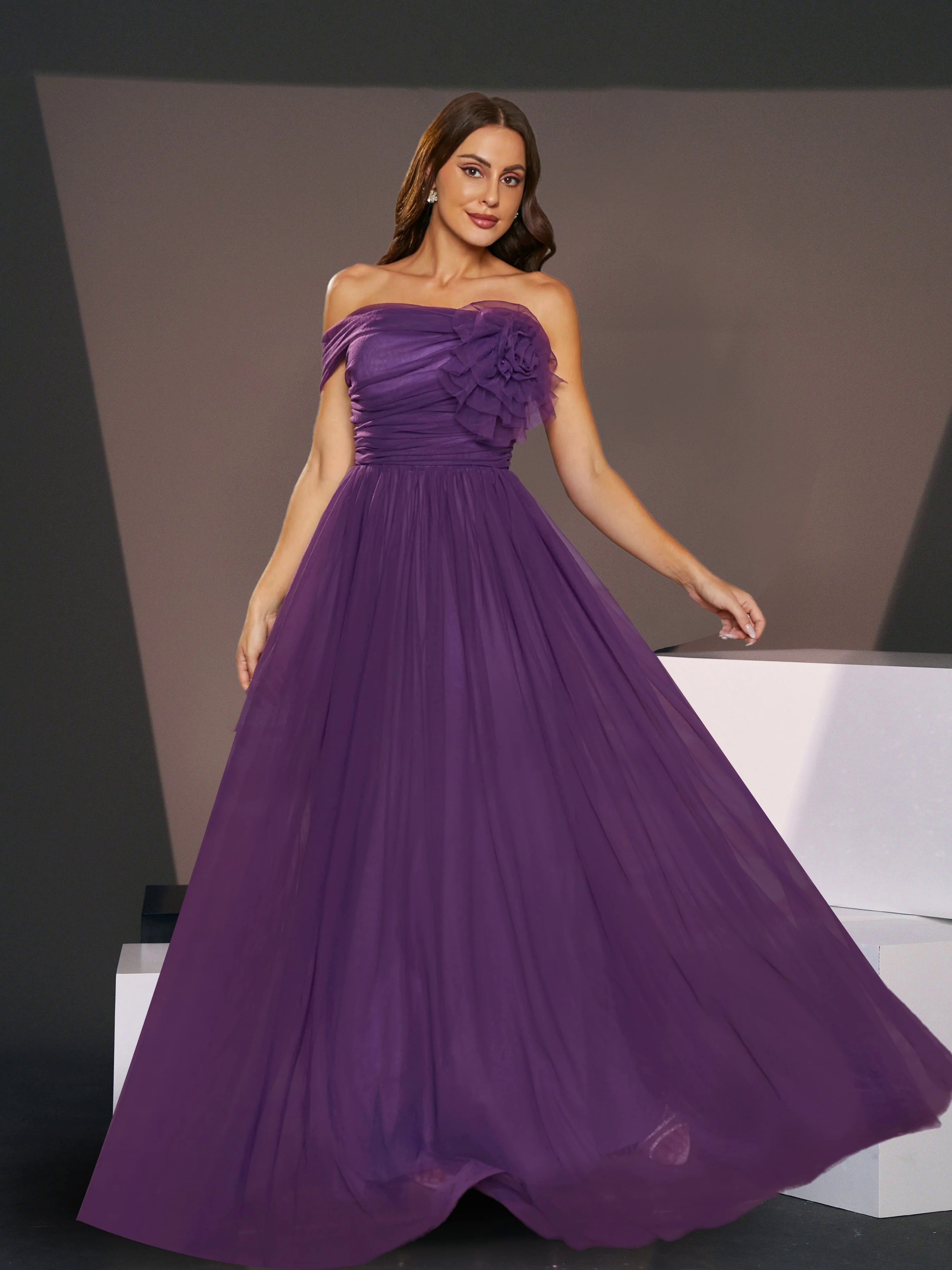 Off Shoulder Pleated A-Line Purple Tulle Bridesmaid Dress RJ10715