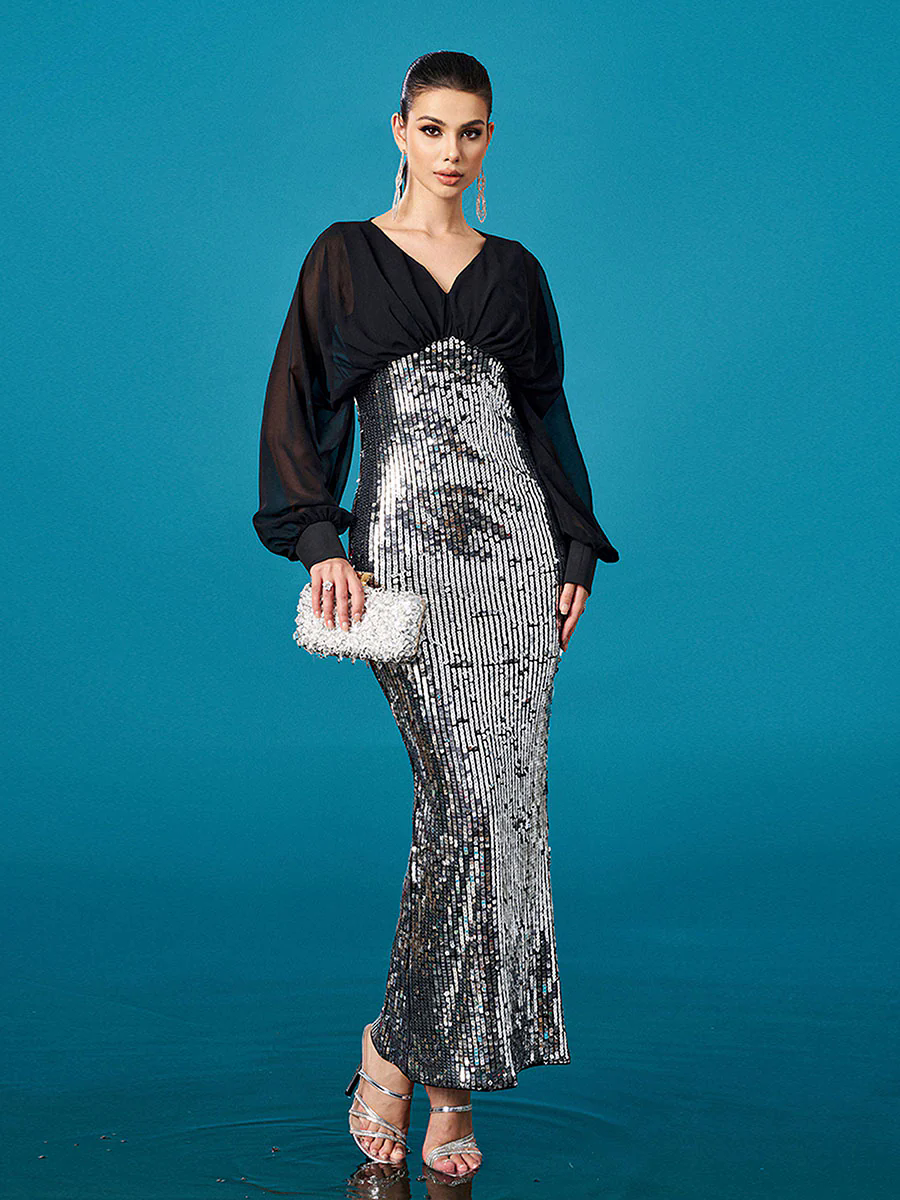 V-neck Panel Sequin Sheath Cocktail Dress DH80396