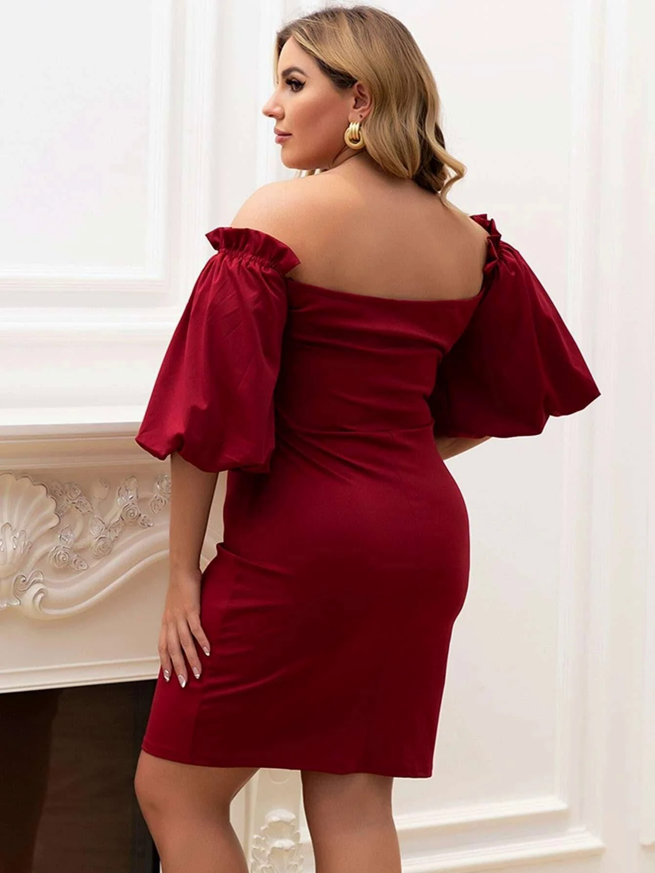 Plus Size Off Shoulder Bishop Sleeve Mini Satin DarkRed Prom Dress P0052