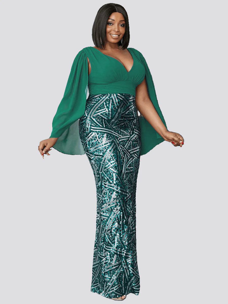 Plus V Neck Sequin Panel Mesh Gown Dress PXH2285